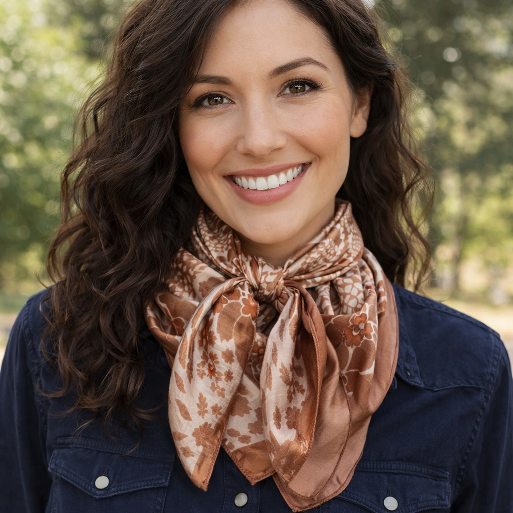 35X35" Cream and Brown Floral Wild Rag / Scarf WR3352