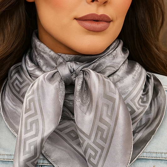 Close-up of a woman wearing a gray patterned wild rag scarf - rodeodriveconchos.com
