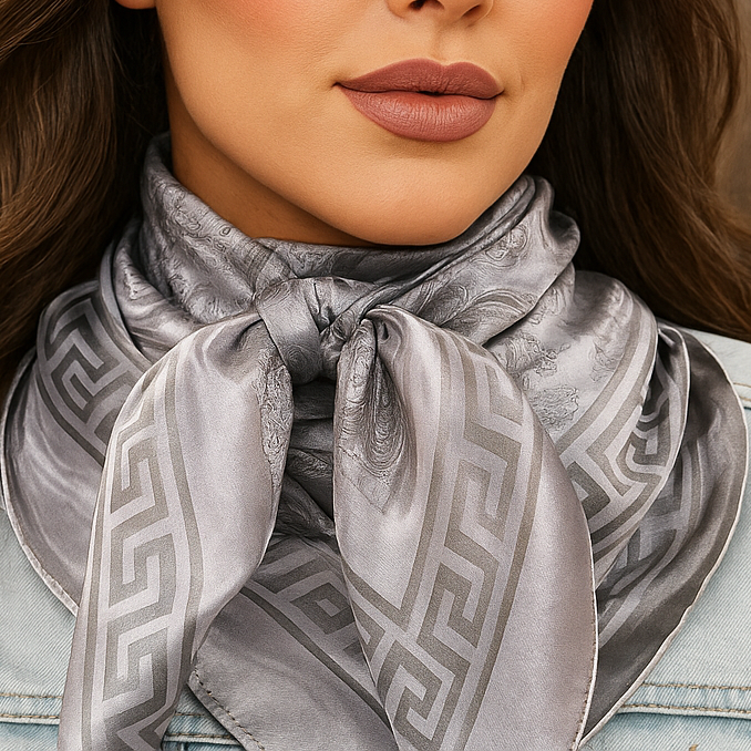Close-up of a woman wearing a gray patterned wild rag scarf - rodeodriveconchos.com
