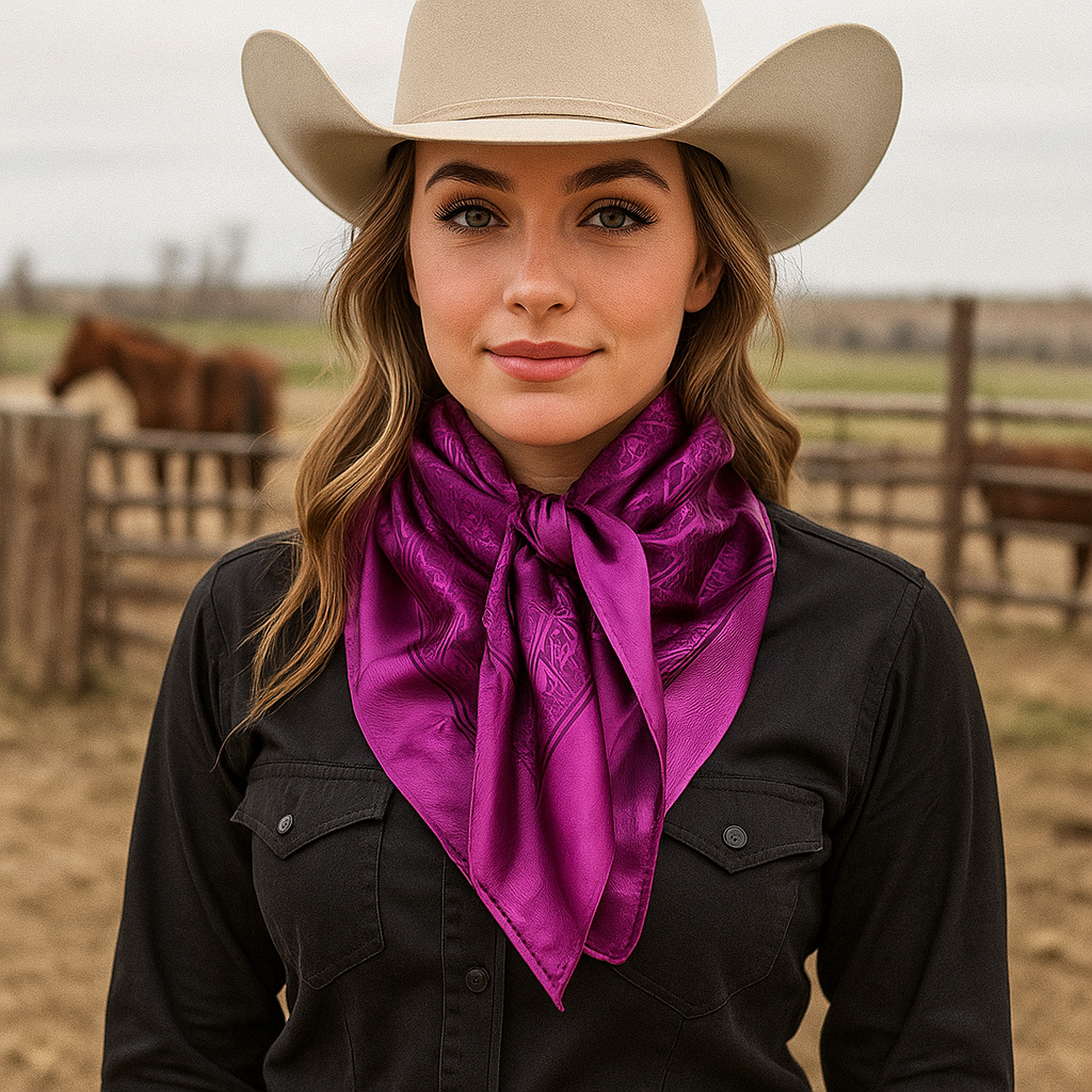 Woman wearing a cowboy hat and purple scarf in an outdoor setting with a horse in the background 
Rodeodriveconchos.com
