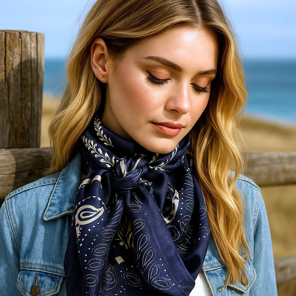 35X35" Blue and Cream Paisley Wild Rag / Scarf WR433