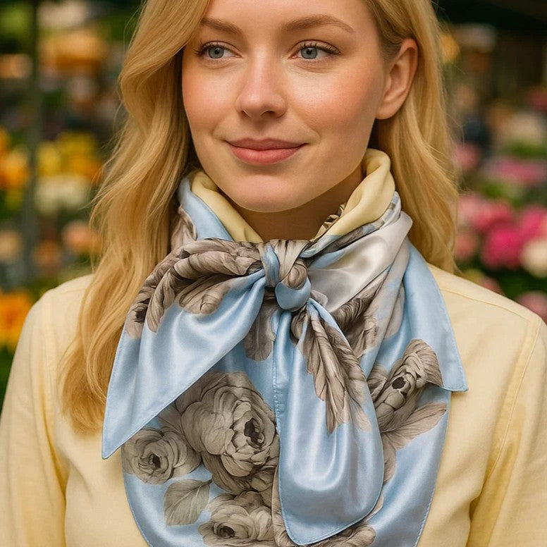 35X35" Pale Blue & Cream Floral Wild Rag / Scarf WR590