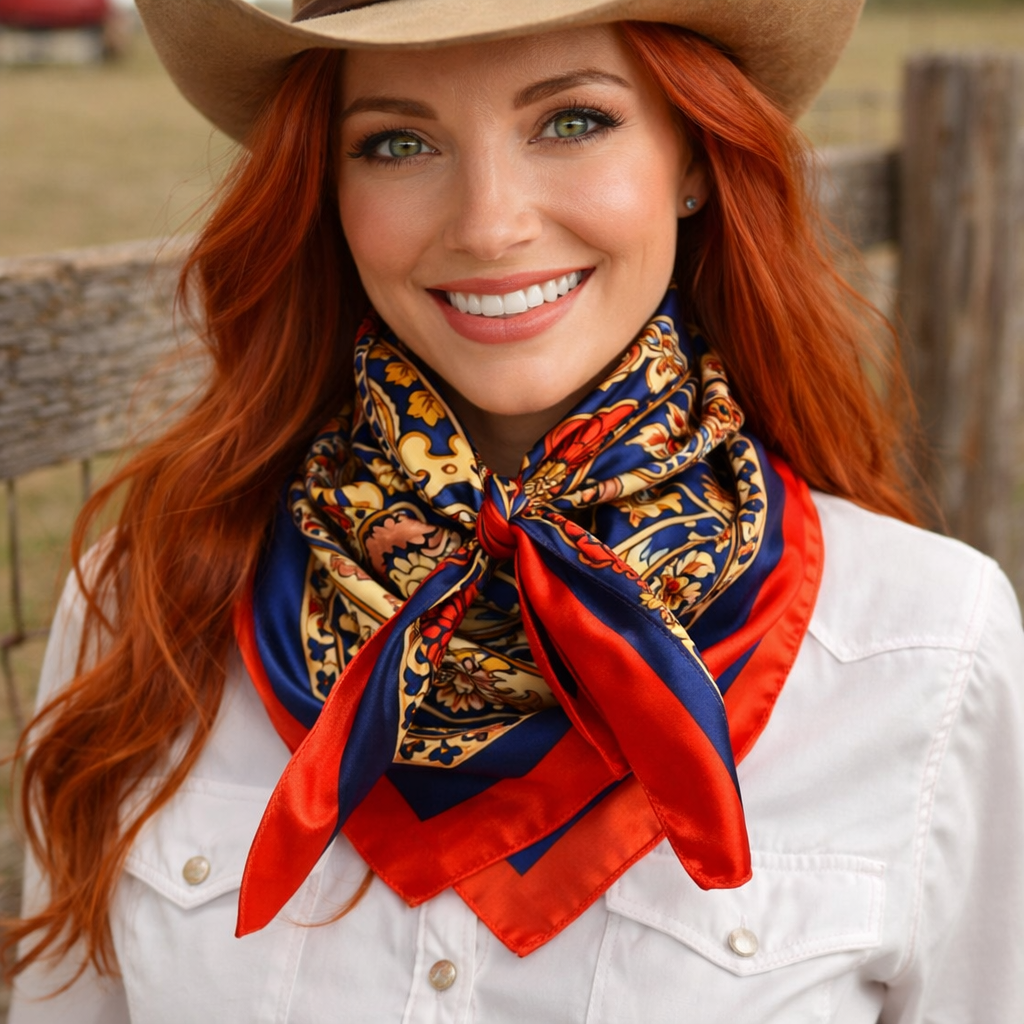 woman wearing a western wild rag rodeo drive 