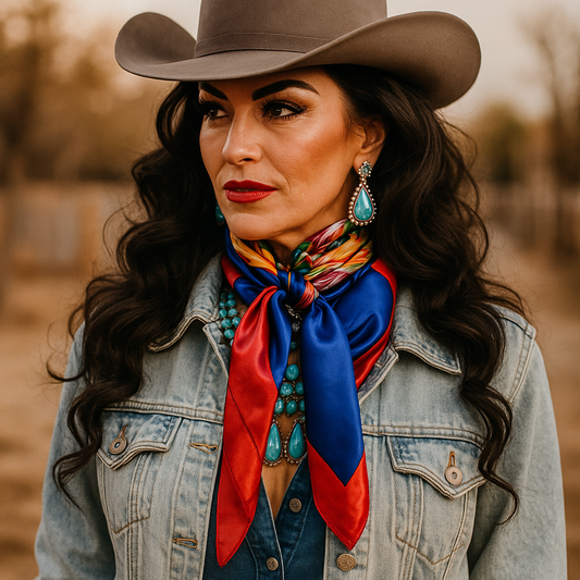 Woman wearing a cowboy hat, denim jacket, colorful scarf, and jewelry with a blurred natural background