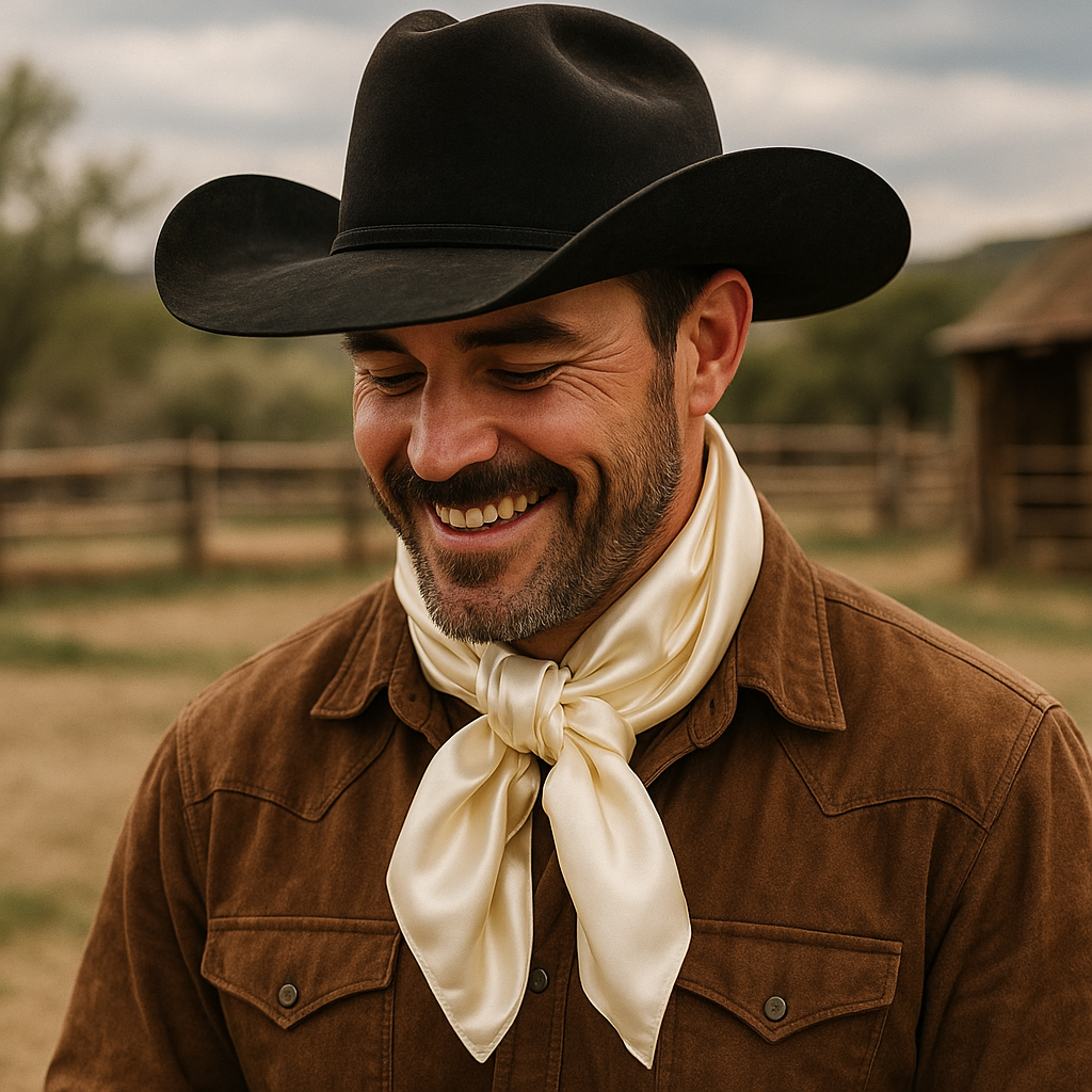 Man wearing a black cowboy hat and brown jacket with a cream wild rag scarf, standing in a rustic outdoor setting.
