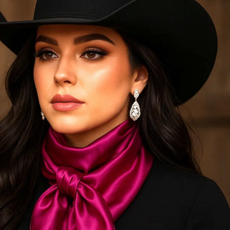 Woman wearing a black cowboy hat and pink scarf against a brown background