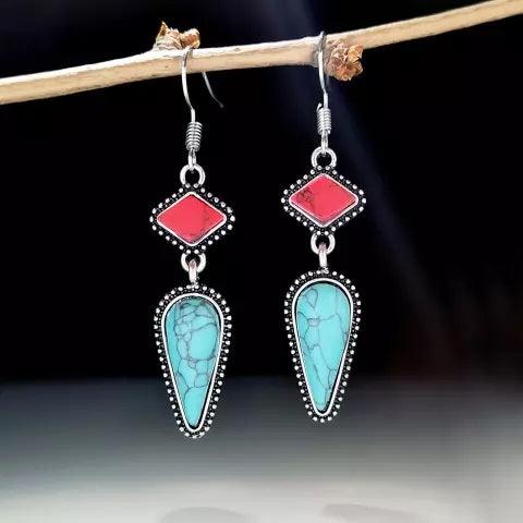 Turquoise and Red Dangle Silver Fashion Earrings WA115 - RODEO DRIVE