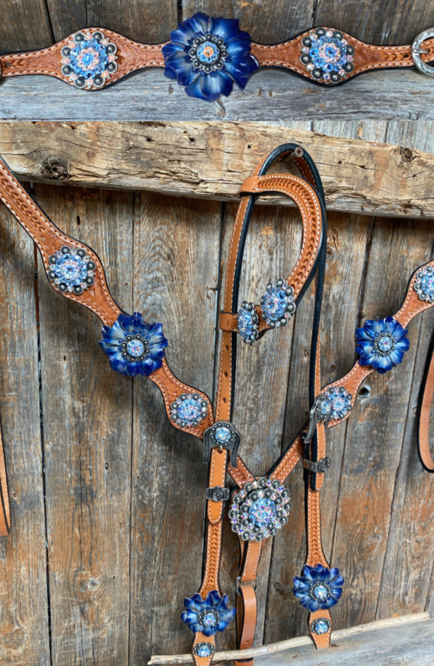 Light Oil Basketweave Blue Wither Strap, One Ear & Breastcollar Tack Set #OEBC438 - RODEO DRIVE