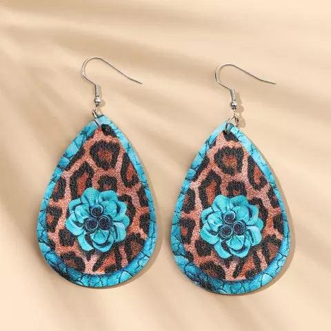 Teal Flower and Cheetah Leather Dangling Fashion Earrings WA156 - RODEO DRIVE