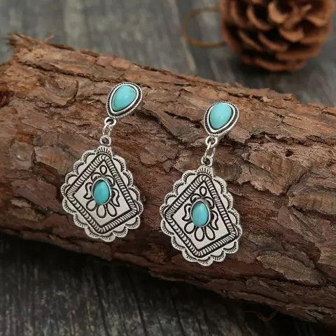 Turquoise Floral Dangle Silver Fashion Earrings WA101 - RODEO DRIVE