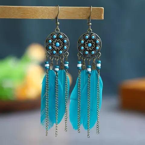 Turquoise & Feathers Dangle Silver Fashion Earrings WA145 - RODEO DRIVE