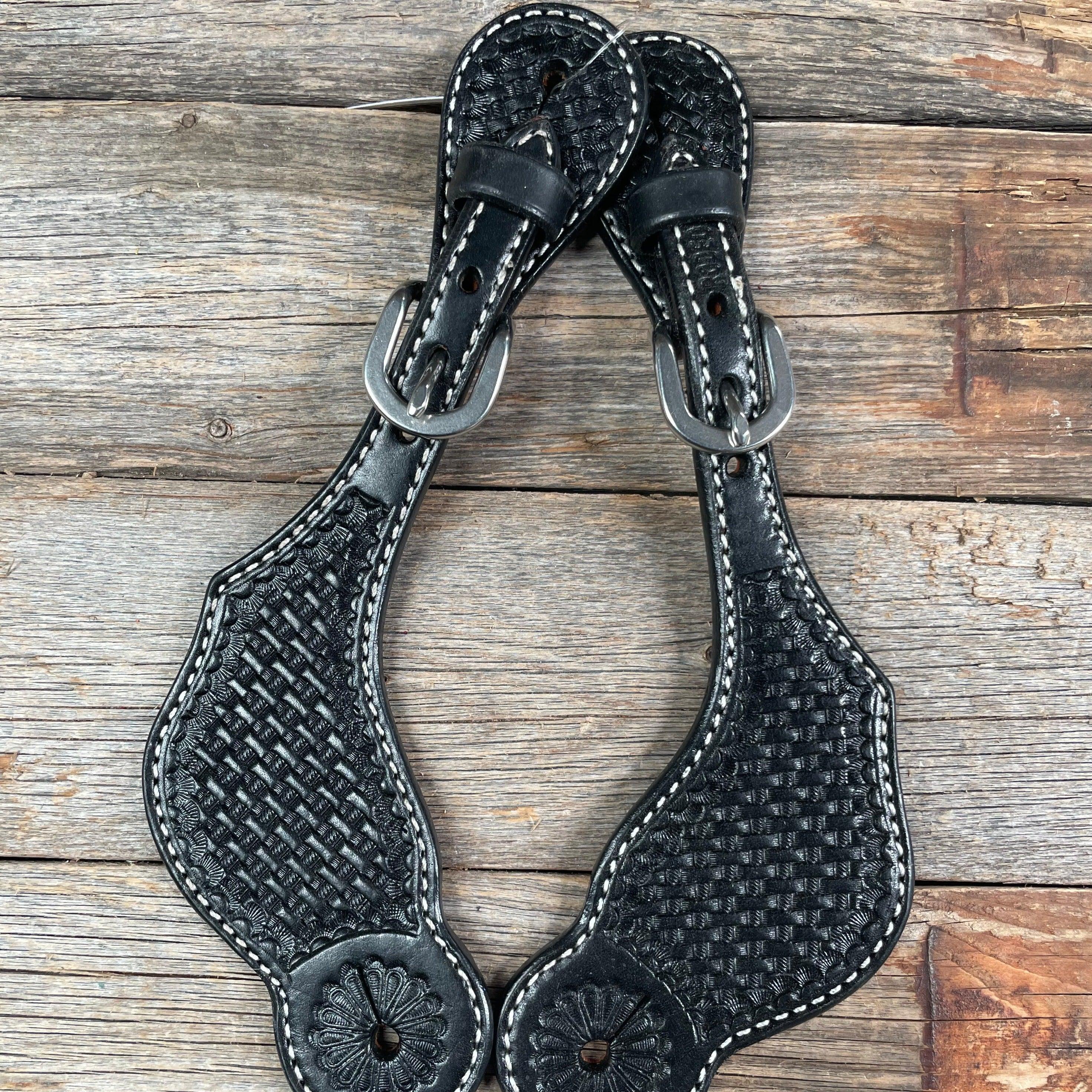 Black Basketweave Tooled Spur Straps - RODEO DRIVE
