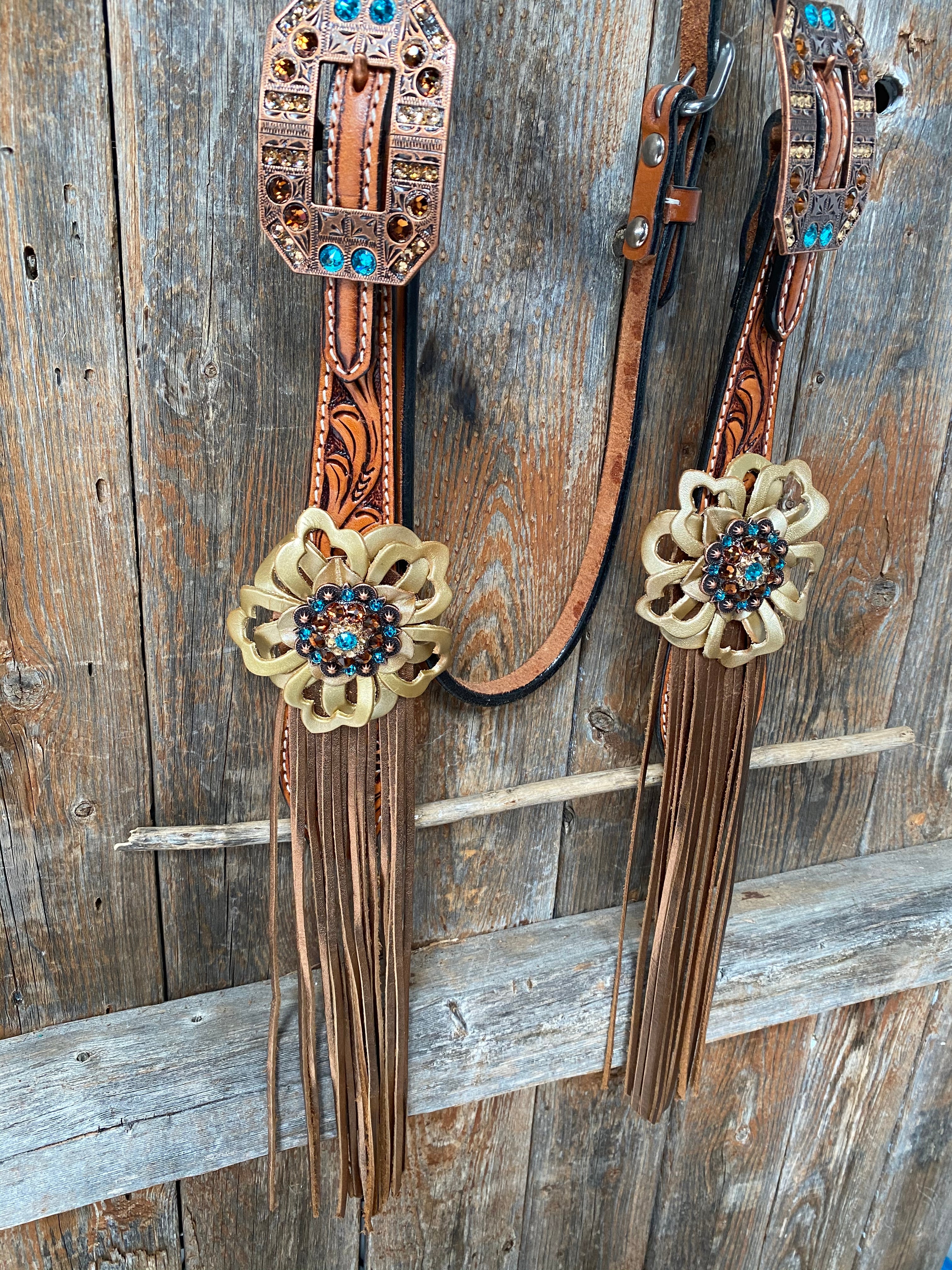 Light Oil Buckaroo/Roper Teal and Gold Browband & Breastcollar Tack Set #BBBC449 - RODEO DRIVE