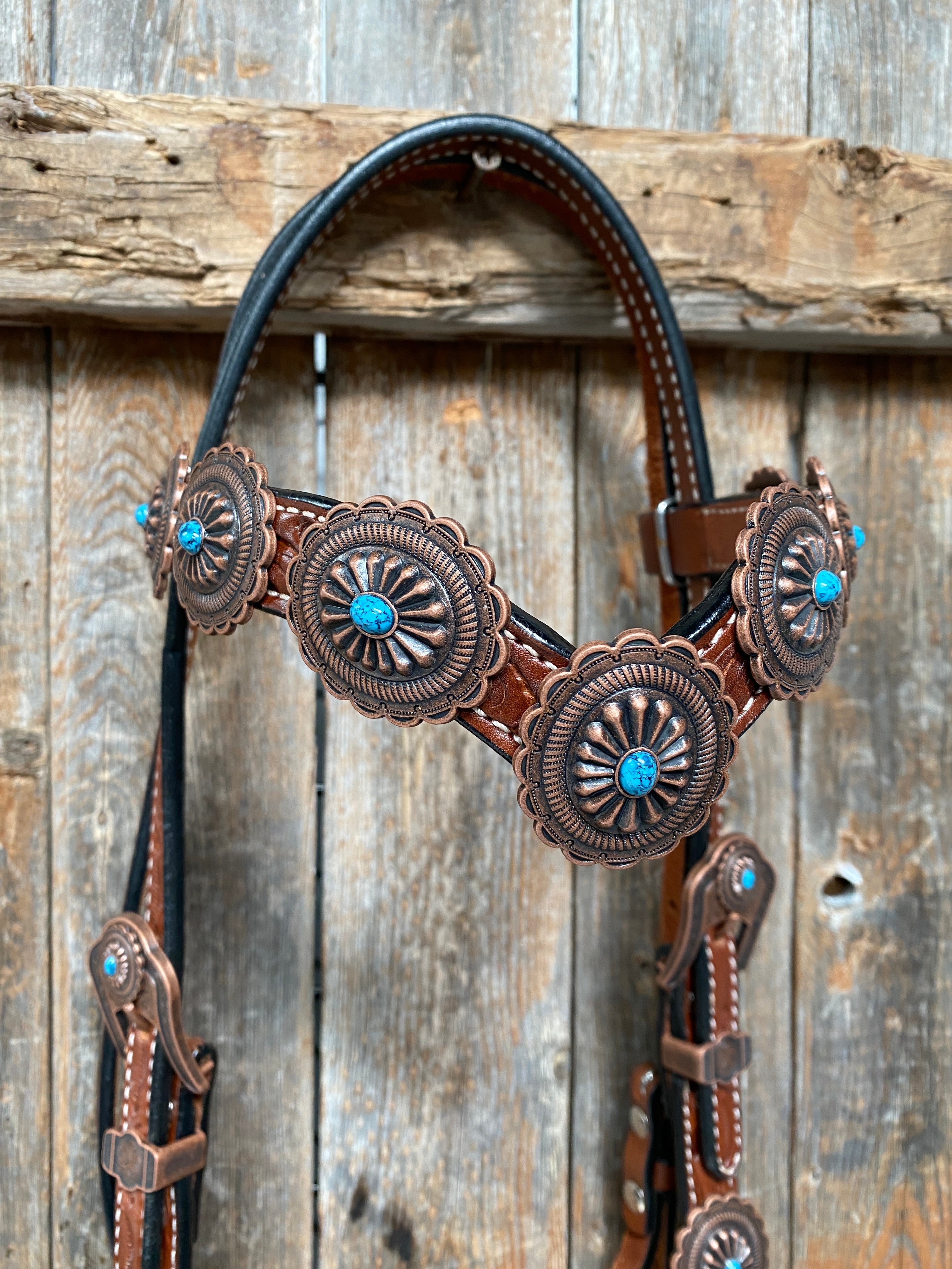 Medium Oil Navajo Style Copper Turquoise Browband & Breastcollar Tack Set #BBBC448 - RODEO DRIVE