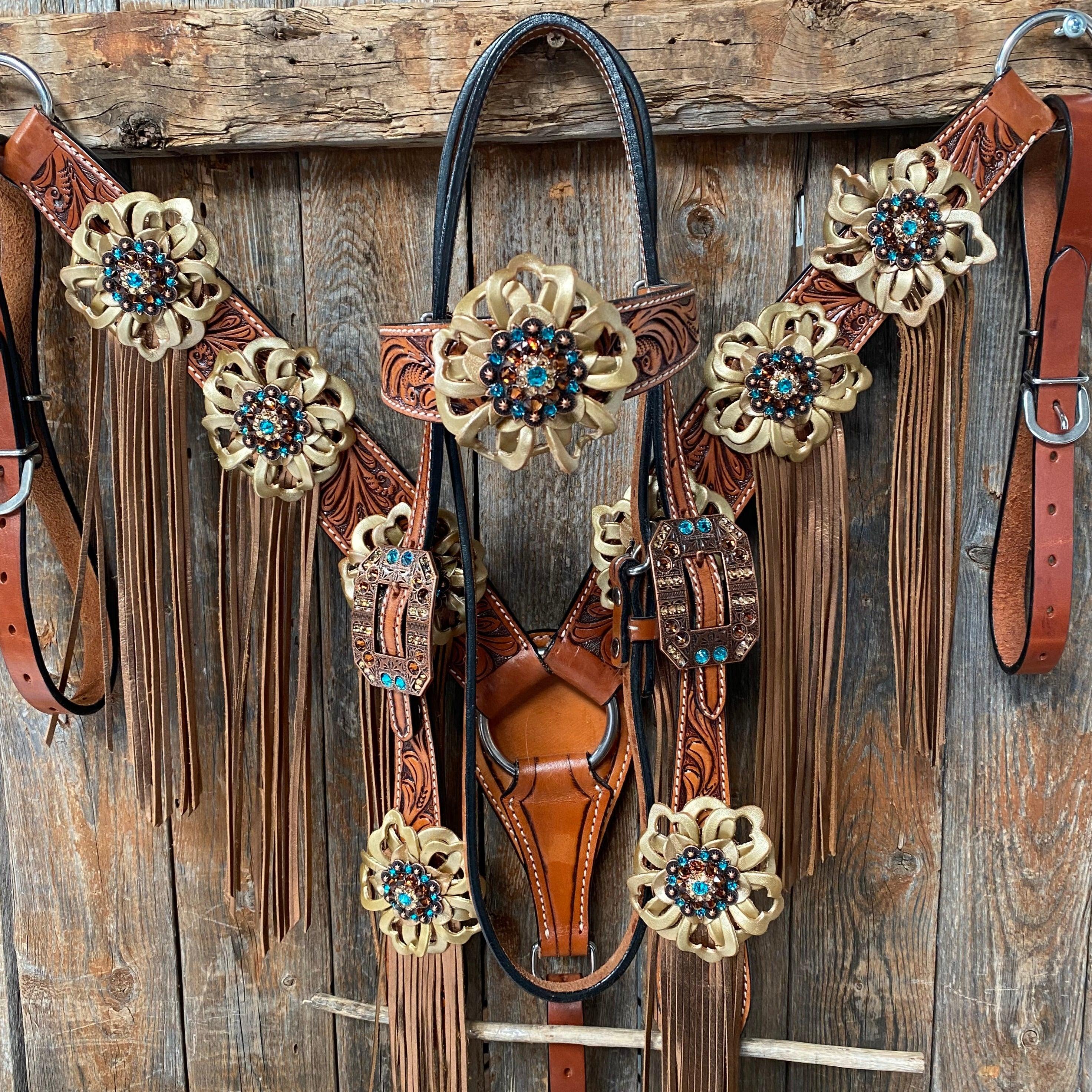Light Oil Buckaroo/Roper Teal and Gold Browband & Breastcollar Tack Set #BBBC449 - RODEO DRIVE