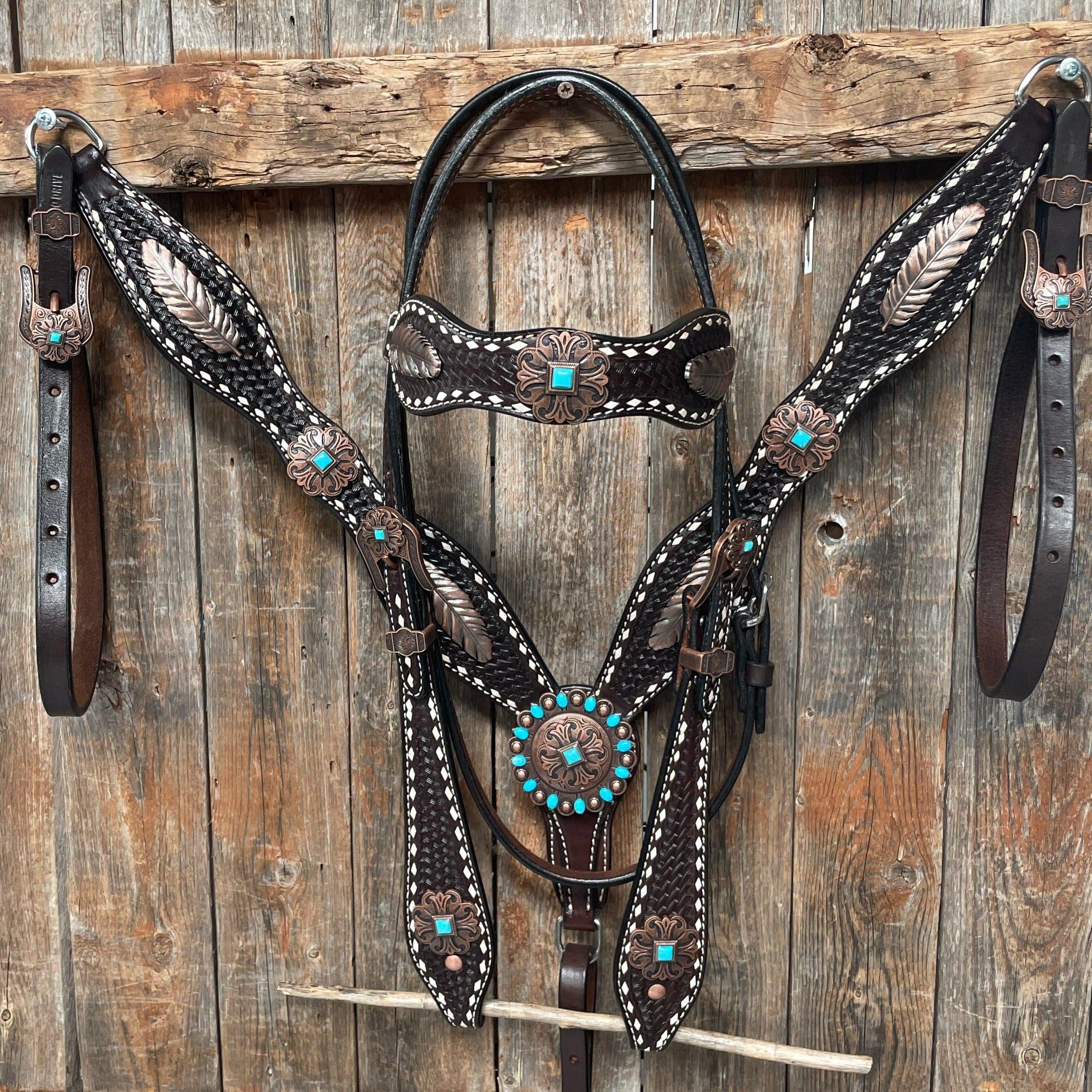 Dark Oil Buckstitch Copper and Turquoise Browband / One Ear / Breastcollar Buckstitch #BBBC400 - RODEO DRIVE