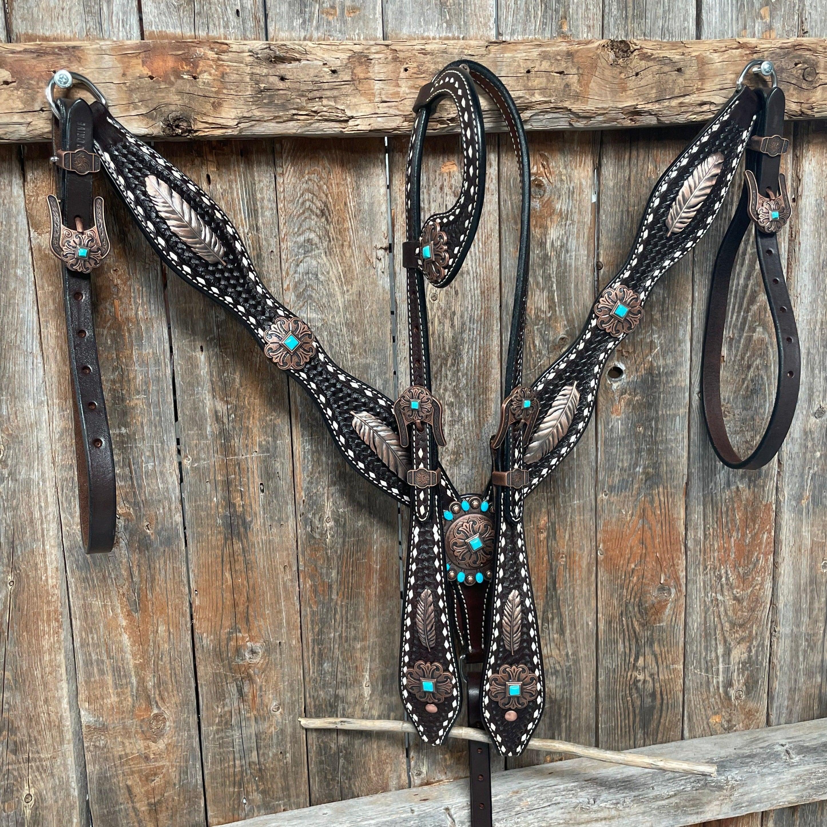 Dark Oil Buckstitch Copper and Turquoise Browband / One Ear / Breastcollar Buckstitch #BBBC400 - RODEO DRIVE