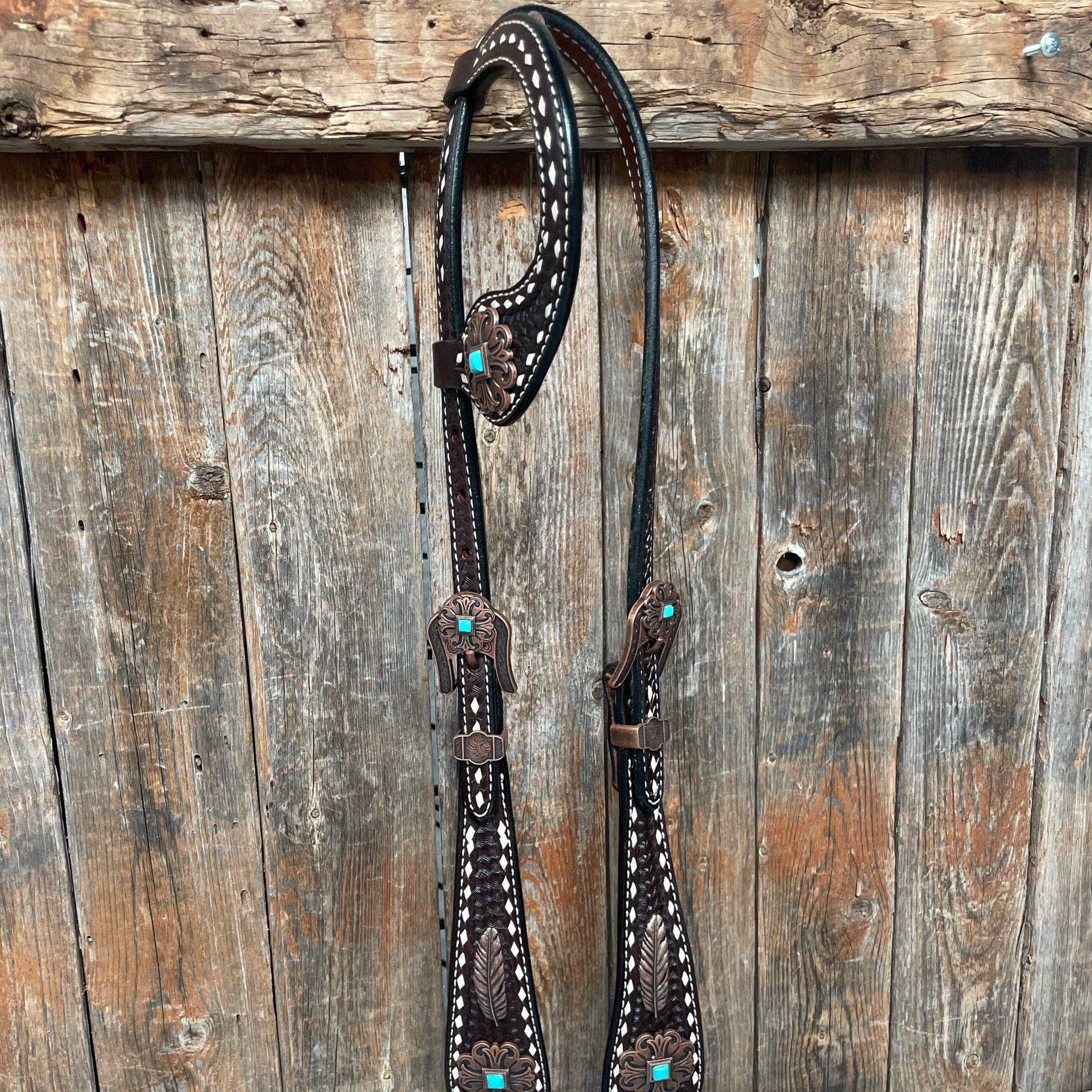 Dark Oil Buckstitch Copper and Turquoise Browband / One Ear / Breastcollar Buckstitch #BBBC400 - RODEO DRIVE
