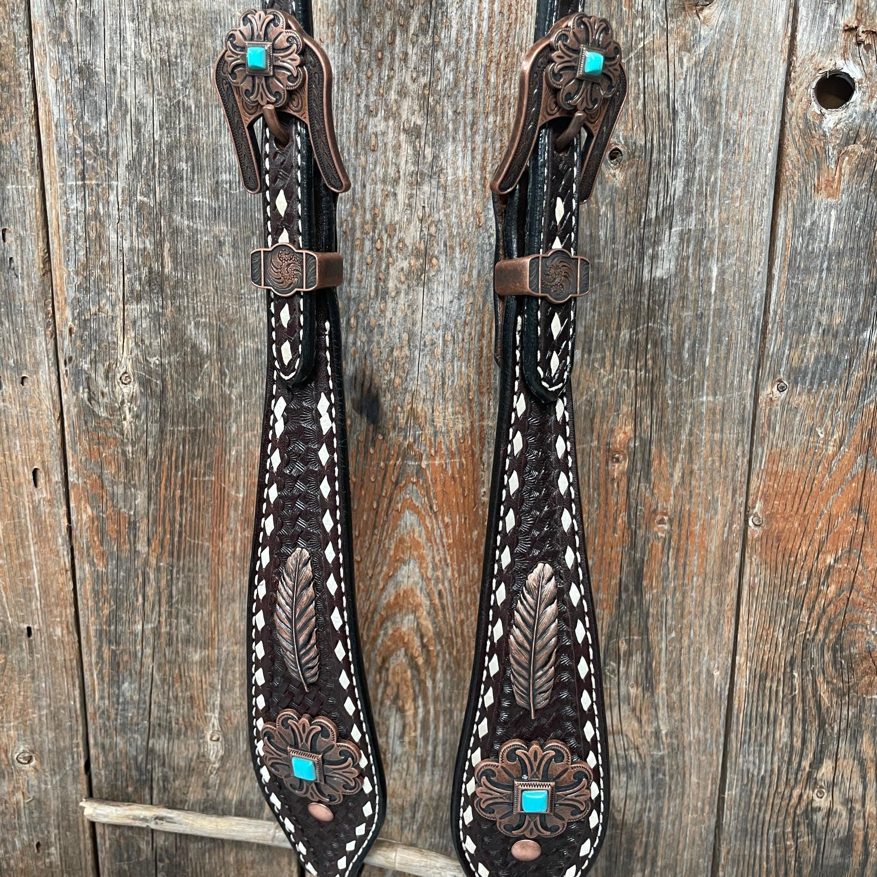 Dark Oil Buckstitch Copper and Turquoise Browband / One Ear / Breastco