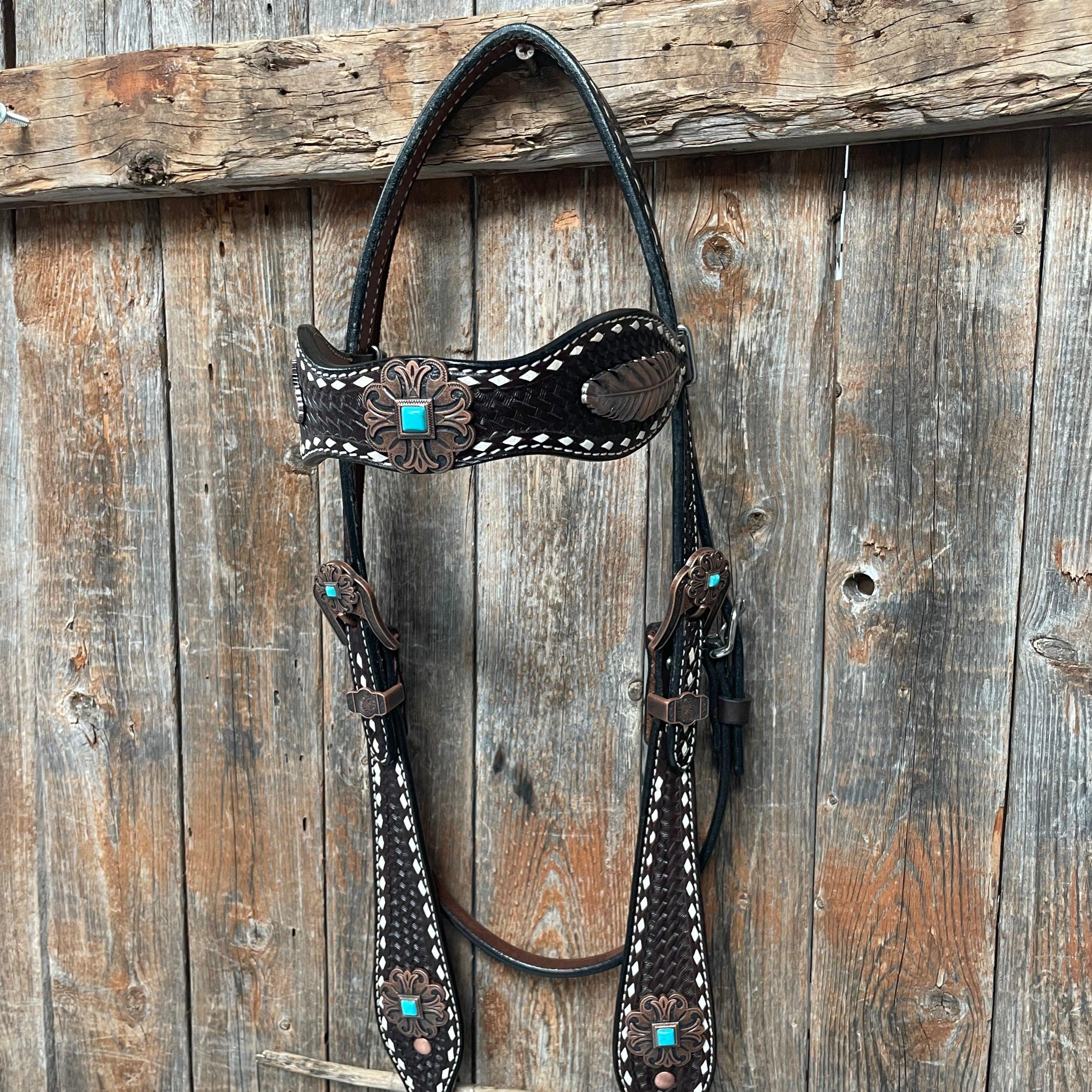 Dark Oil Buckstitch Copper and Turquoise Browband / One Ear / Breastcollar Buckstitch #BBBC400 - RODEO DRIVE