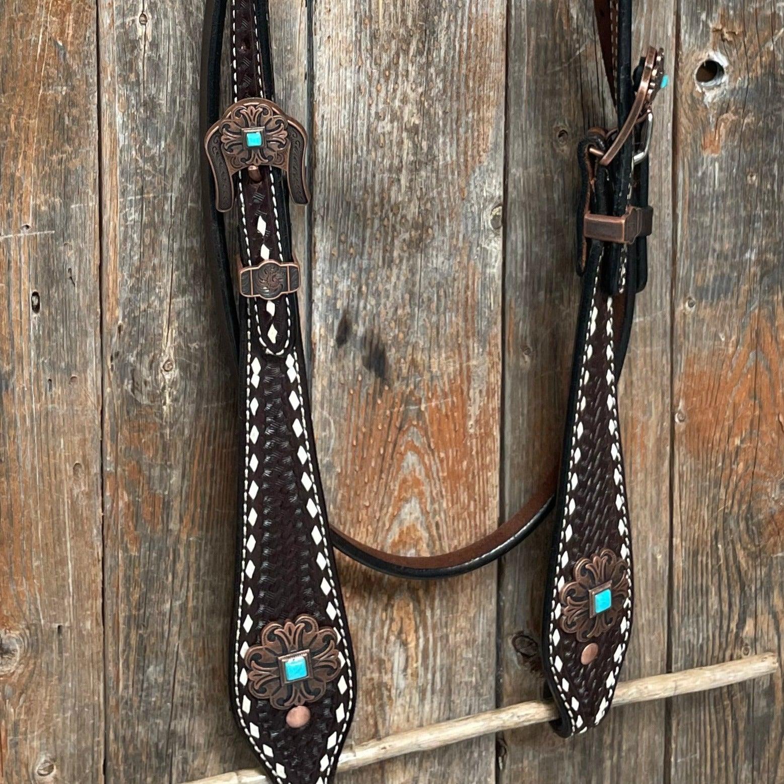 Dark Oil Buckstitch Copper and Turquoise Browband / One Ear / Breastcollar Buckstitch #BBBC400 - RODEO DRIVE