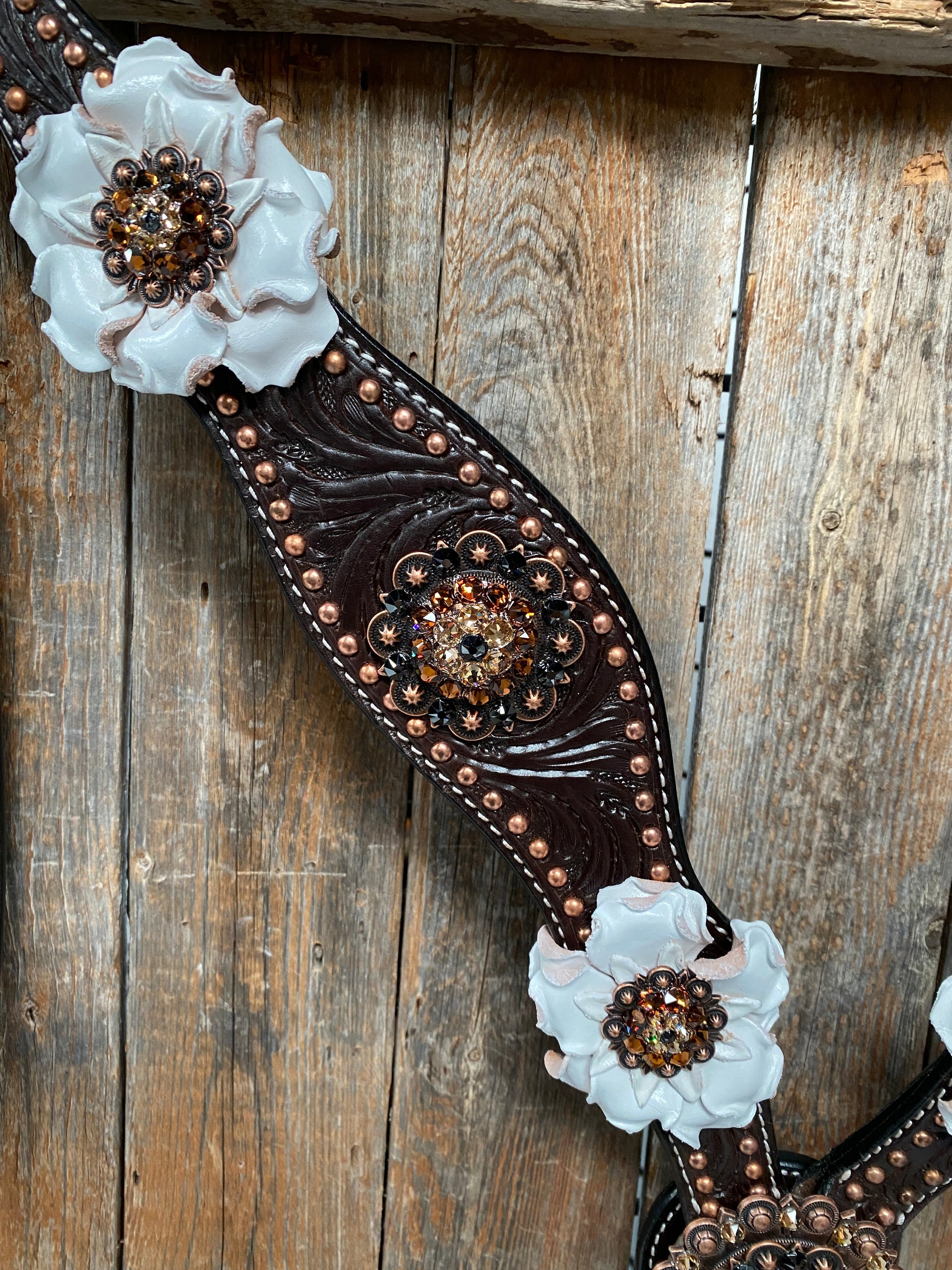 Dark Oil Copper Dot White and Topaz Browband / One Ear Tack Set #BBBC441 - RODEO DRIVE