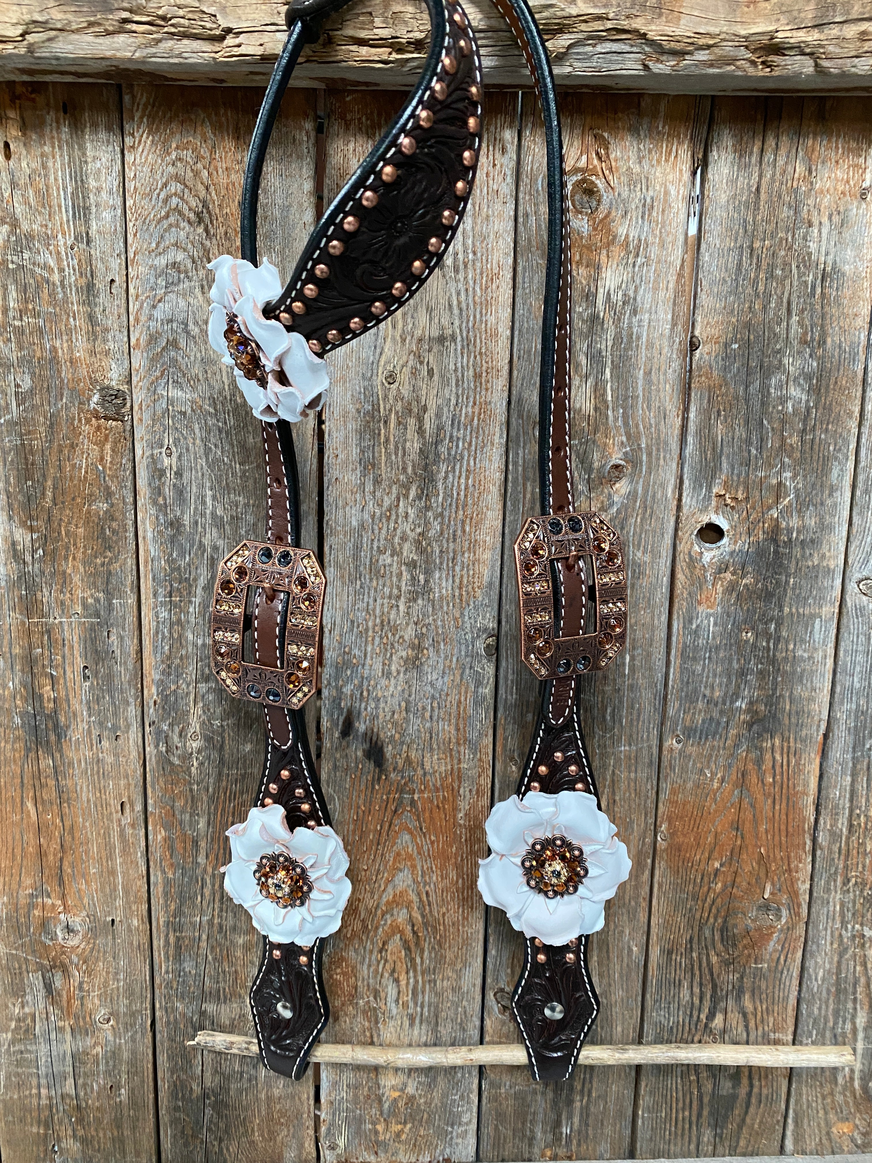 Dark Oil Copper Dot White and Topaz Browband / One Ear Tack Set #BBBC441 - RODEO DRIVE