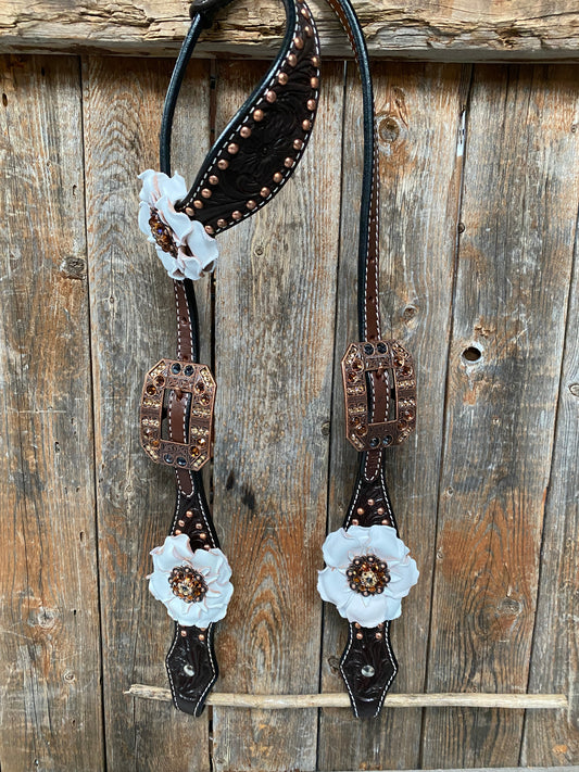 Dark Oil Copper Dot White and Topaz Browband / One Ear Tack Set #BBBC441 - RODEO DRIVE