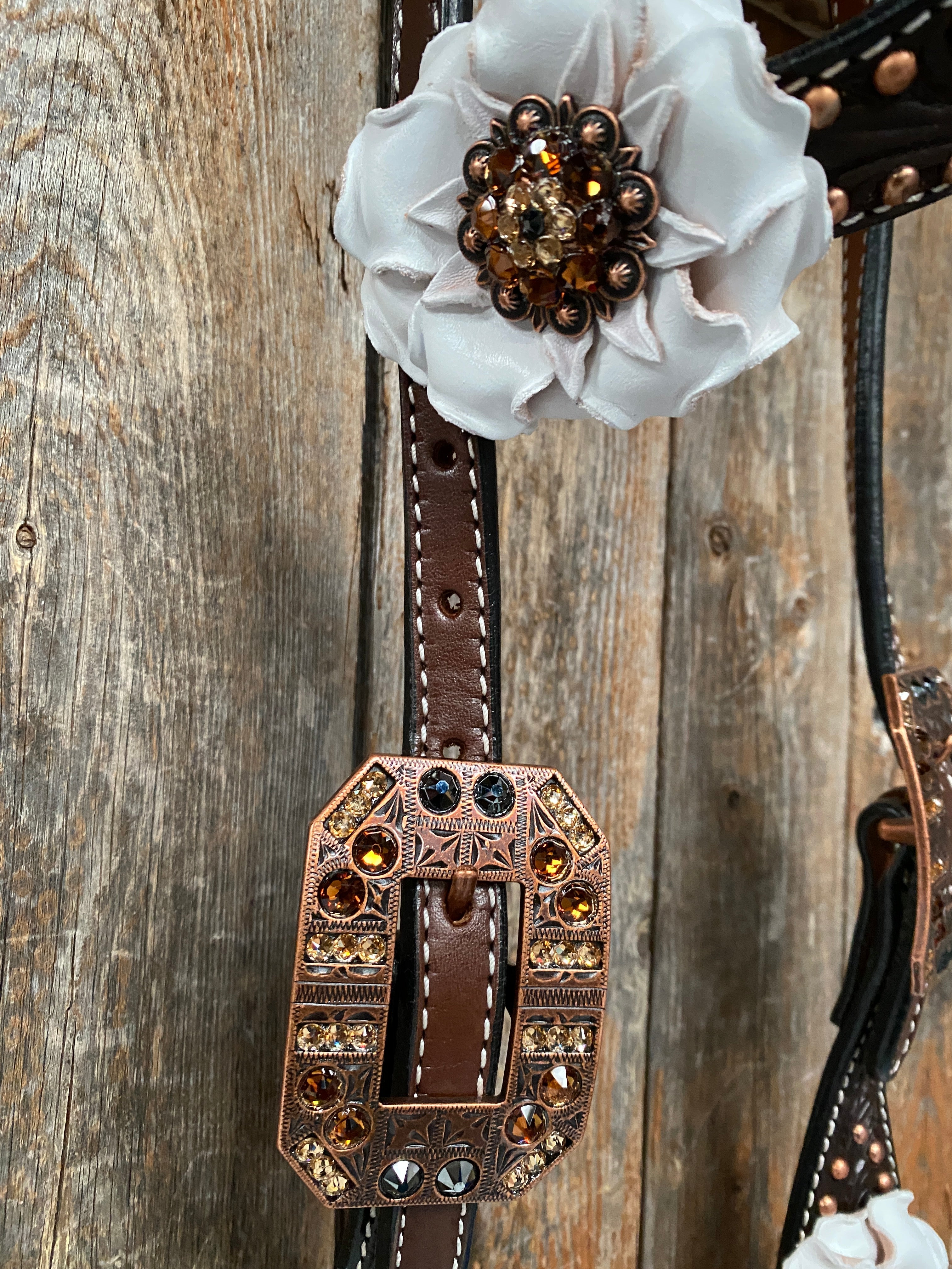 Dark Oil Copper Dot White and Topaz Browband / One Ear Tack Set #BBBC441 - RODEO DRIVE