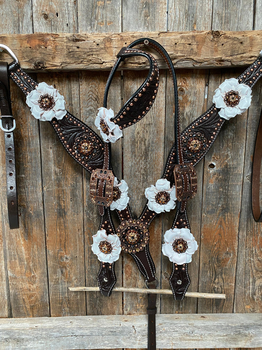 Dark Oil Copper Dot White and Topaz Browband / One Ear Tack Set #BBBC441 - RODEO DRIVE