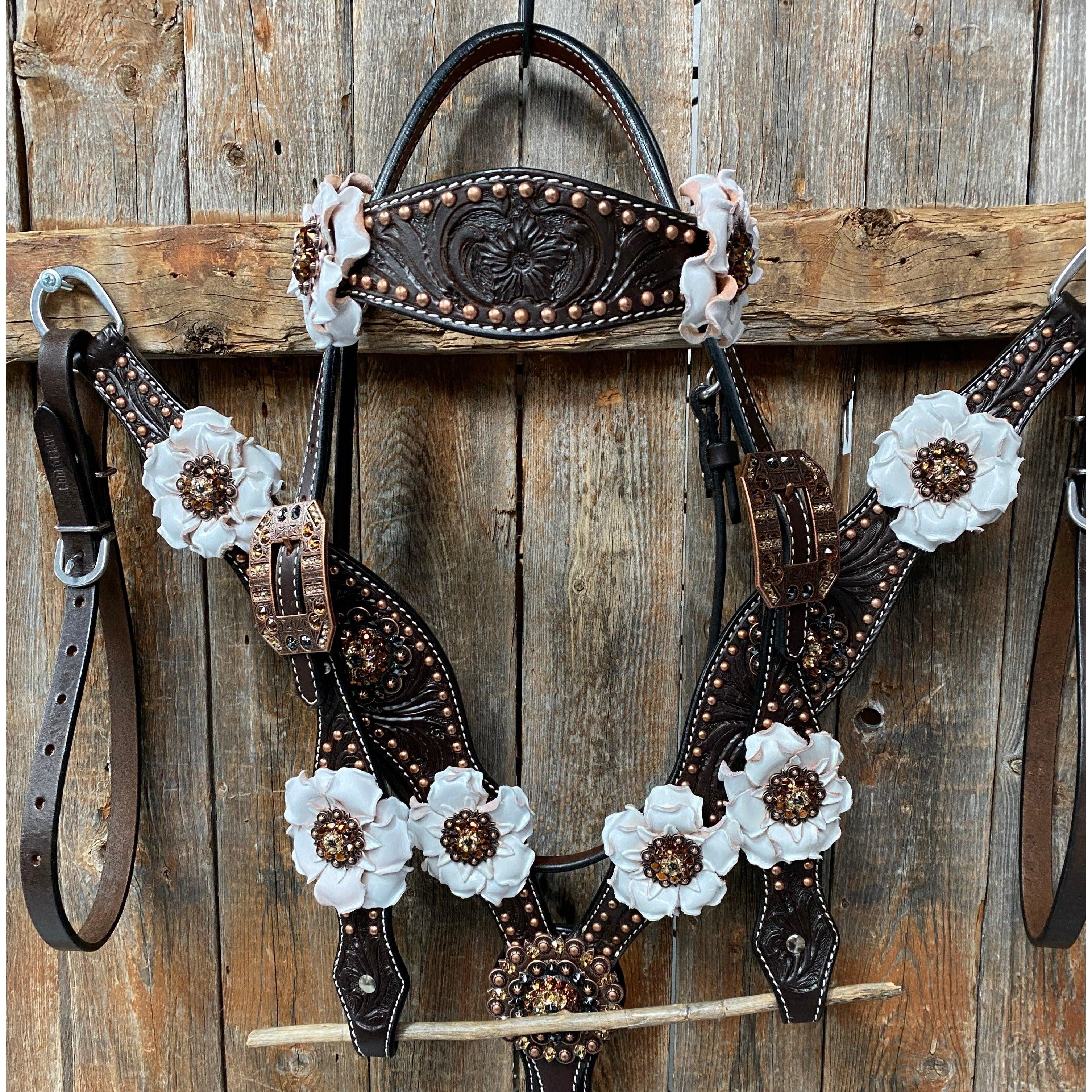 Dark Oil Copper Dot White and Topaz Browband / One Ear Tack Set #BBBC441 - RODEO DRIVE