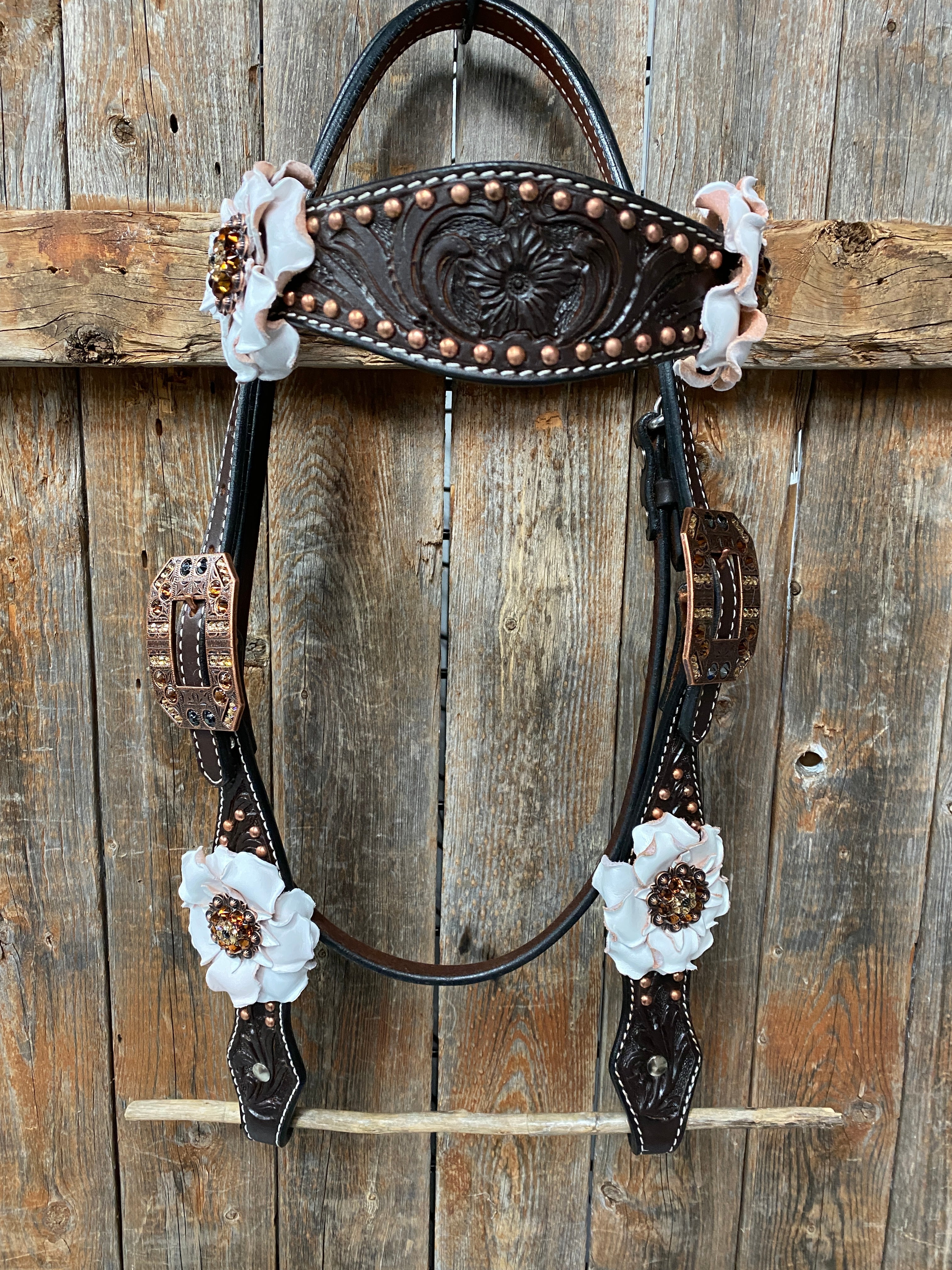 Dark Oil Copper Dot White and Topaz Browband / One Ear Tack Set #BBBC441 - RODEO DRIVE