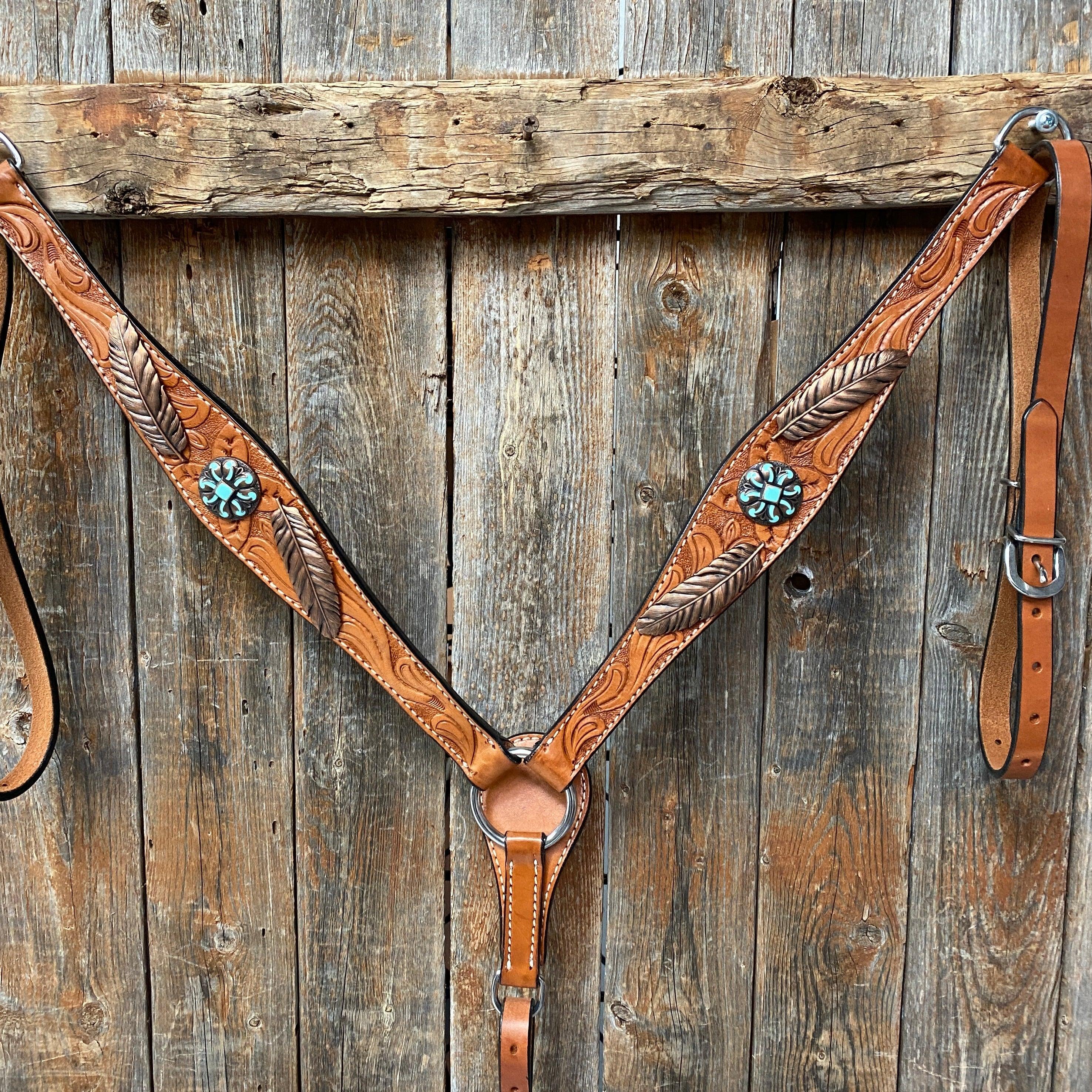 Light Oil V Brow Turquoise and Copper Browband & Breastcollar Tack Set #BBBC443 - RODEO DRIVE