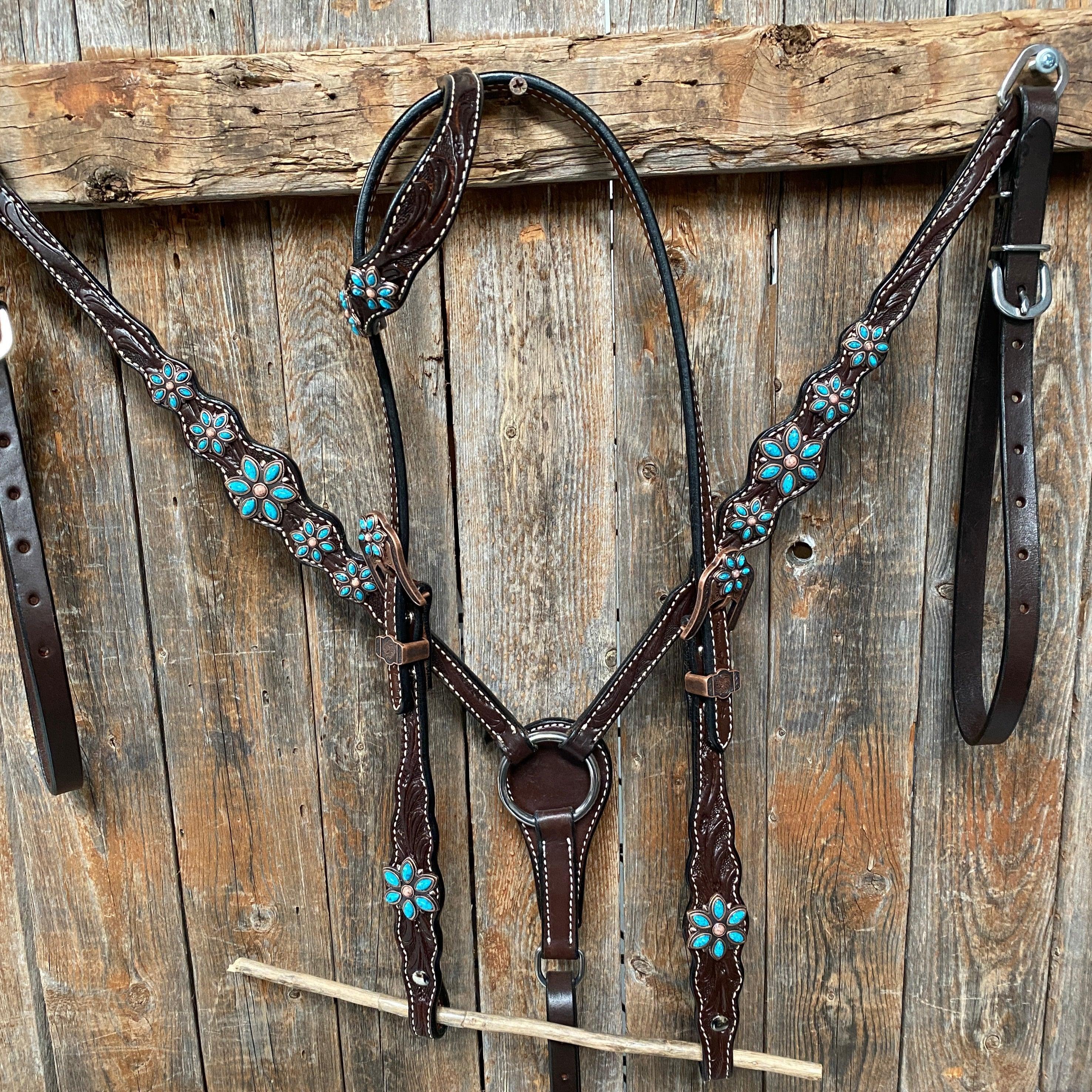 Dark Floral Turquoise Browband/One Ear Tack Set with Wither Strap #BBBC465 - RODEO DRIVE