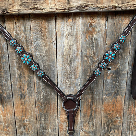 Dark Floral Turquoise Browband/One Ear Tack Set with Wither Strap #BBBC465 - RODEO DRIVE