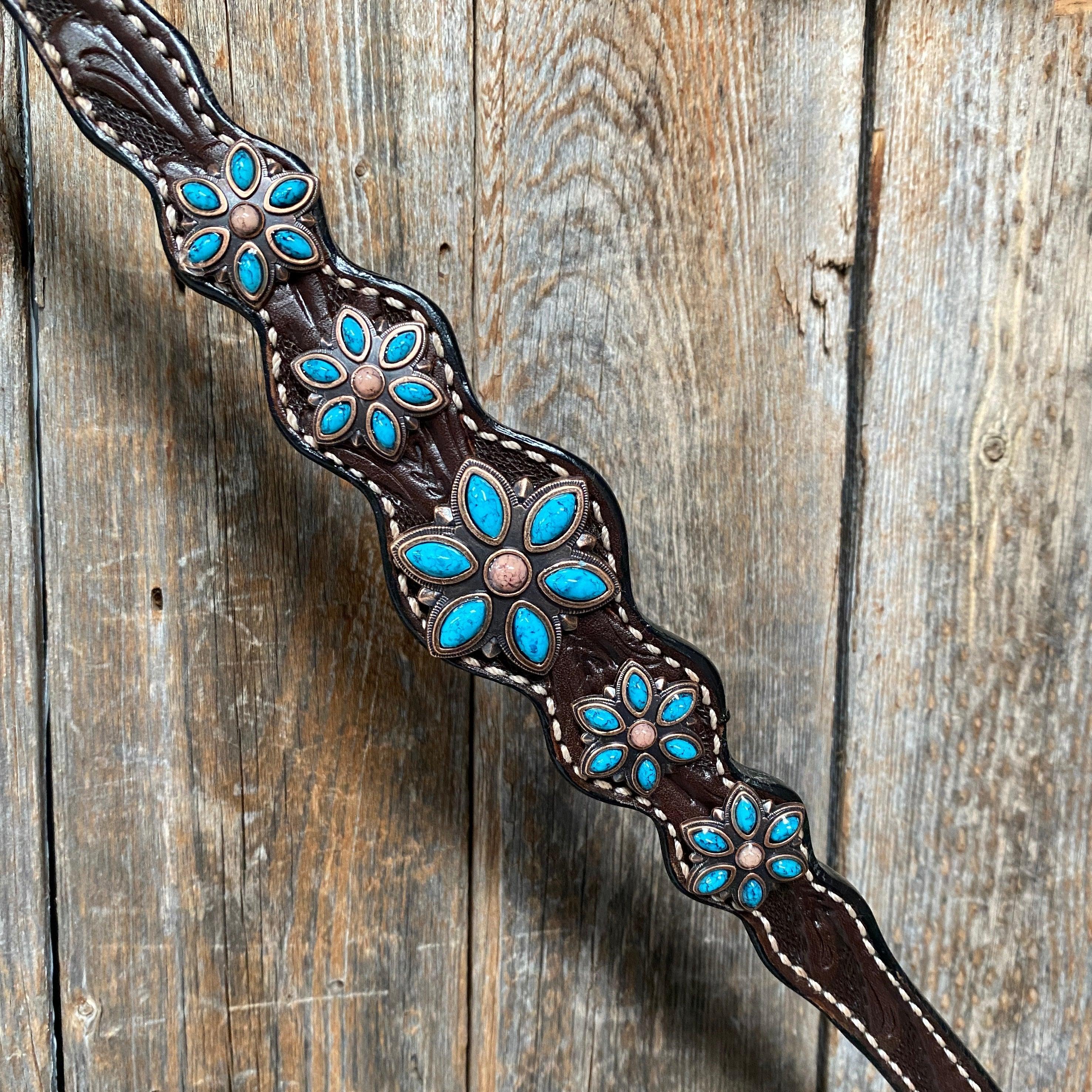 Dark Floral Turquoise Browband/One Ear Tack Set with Wither Strap #BBBC465 - RODEO DRIVE