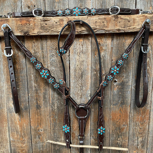 Dark Floral Turquoise Browband/One Ear Tack Set with Wither Strap #BBBC465 - RODEO DRIVE