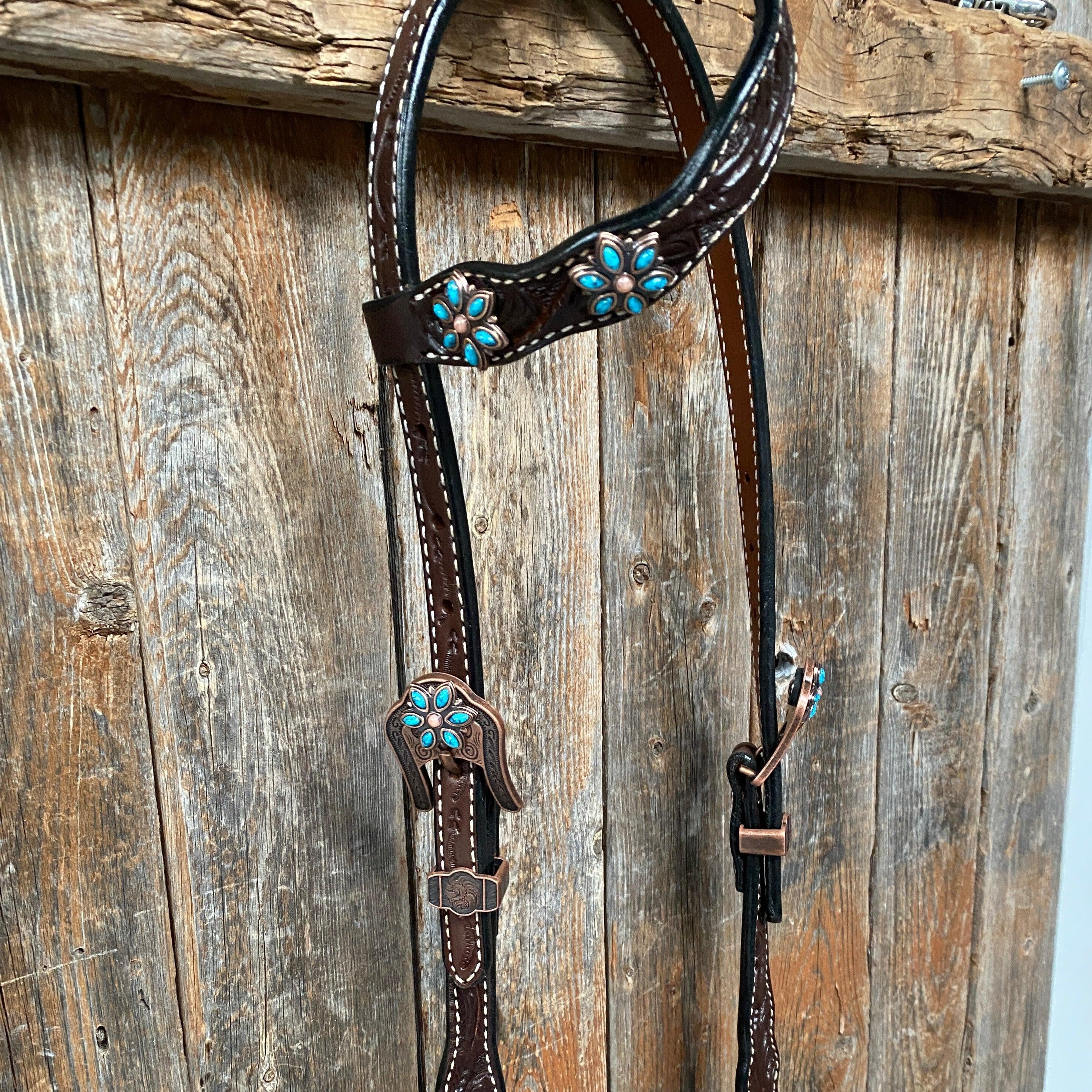 Dark Floral Turquoise Browband/One Ear Tack Set with Wither Strap #BBBC465 - RODEO DRIVE