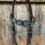 Dark Floral Turquoise Browband/One Ear Tack Set with Wither Strap #BBBC465 - RODEO DRIVE
