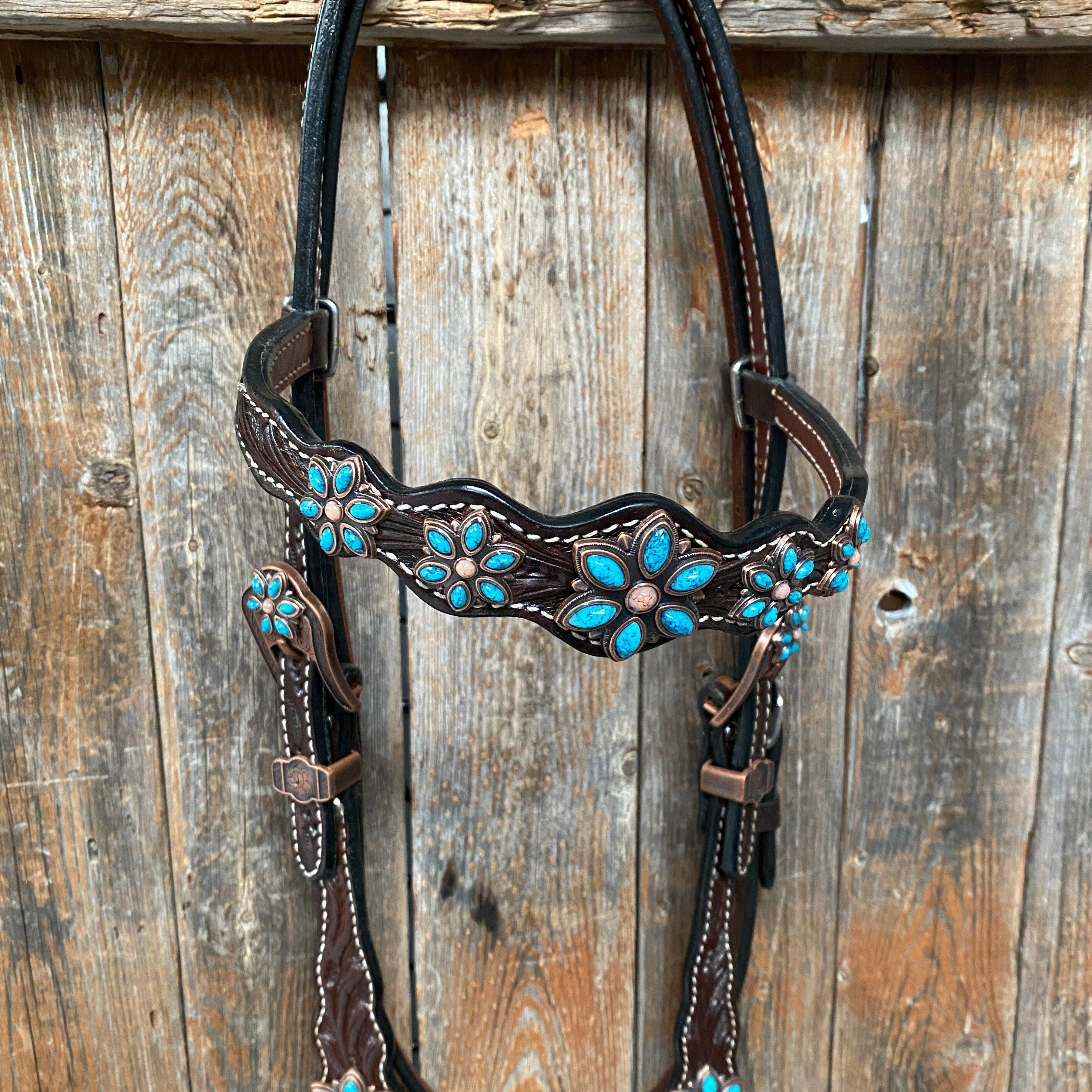 Dark Floral Turquoise Browband/One Ear Tack Set with Wither Strap #BBBC465 - RODEO DRIVE