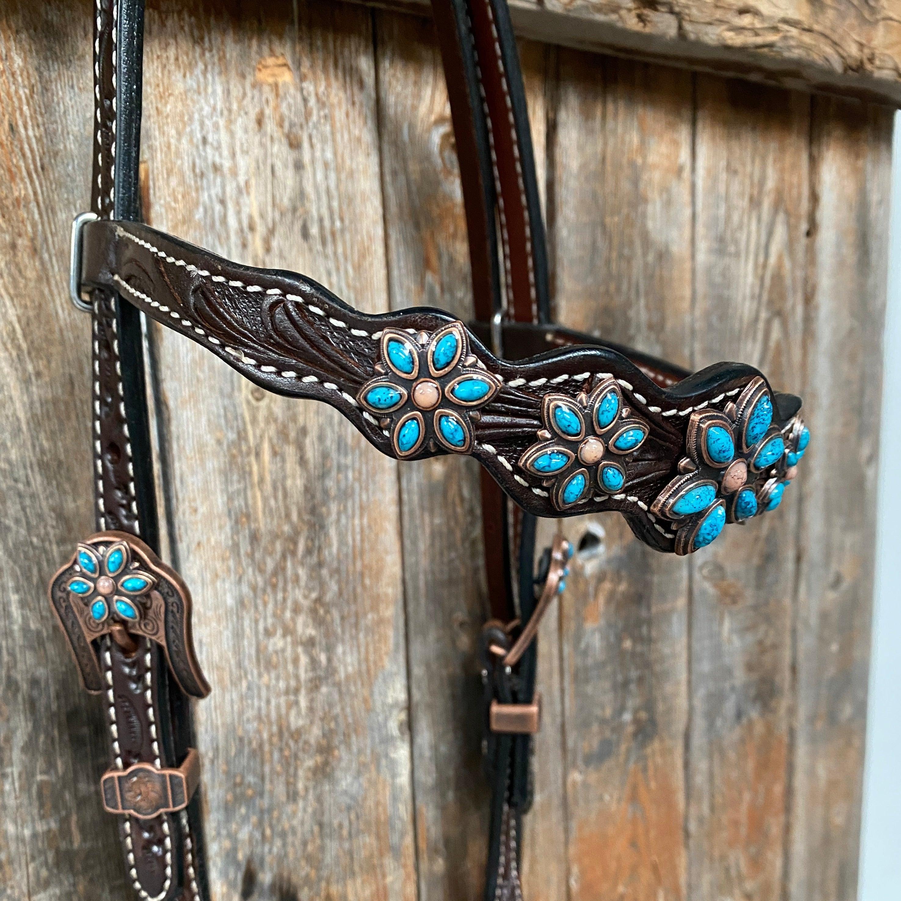 Dark Floral Turquoise Browband/One Ear Tack Set with Wither Strap #BBBC465 - RODEO DRIVE