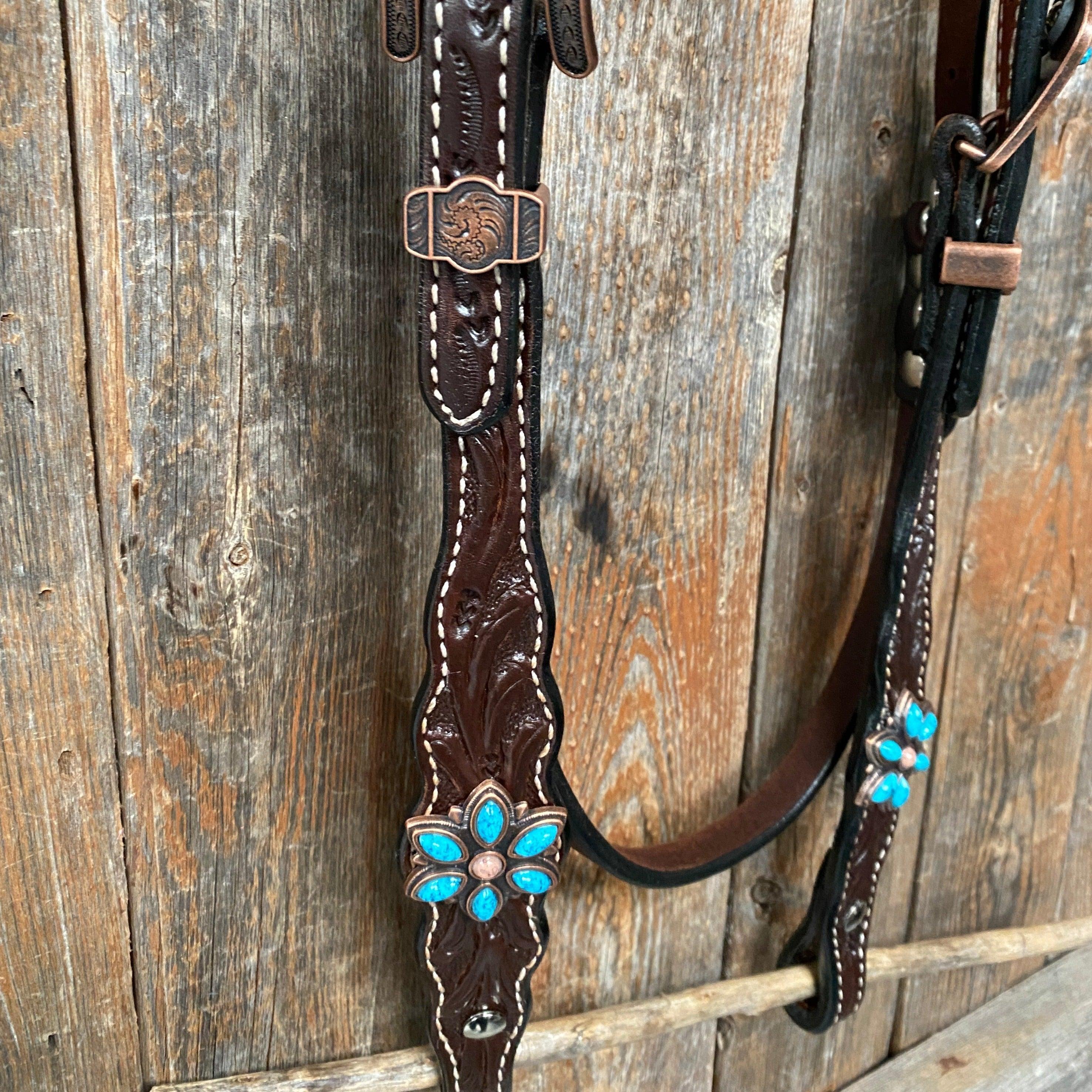 Dark Floral Turquoise Browband/One Ear Tack Set with Wither Strap #BBBC465 - RODEO DRIVE