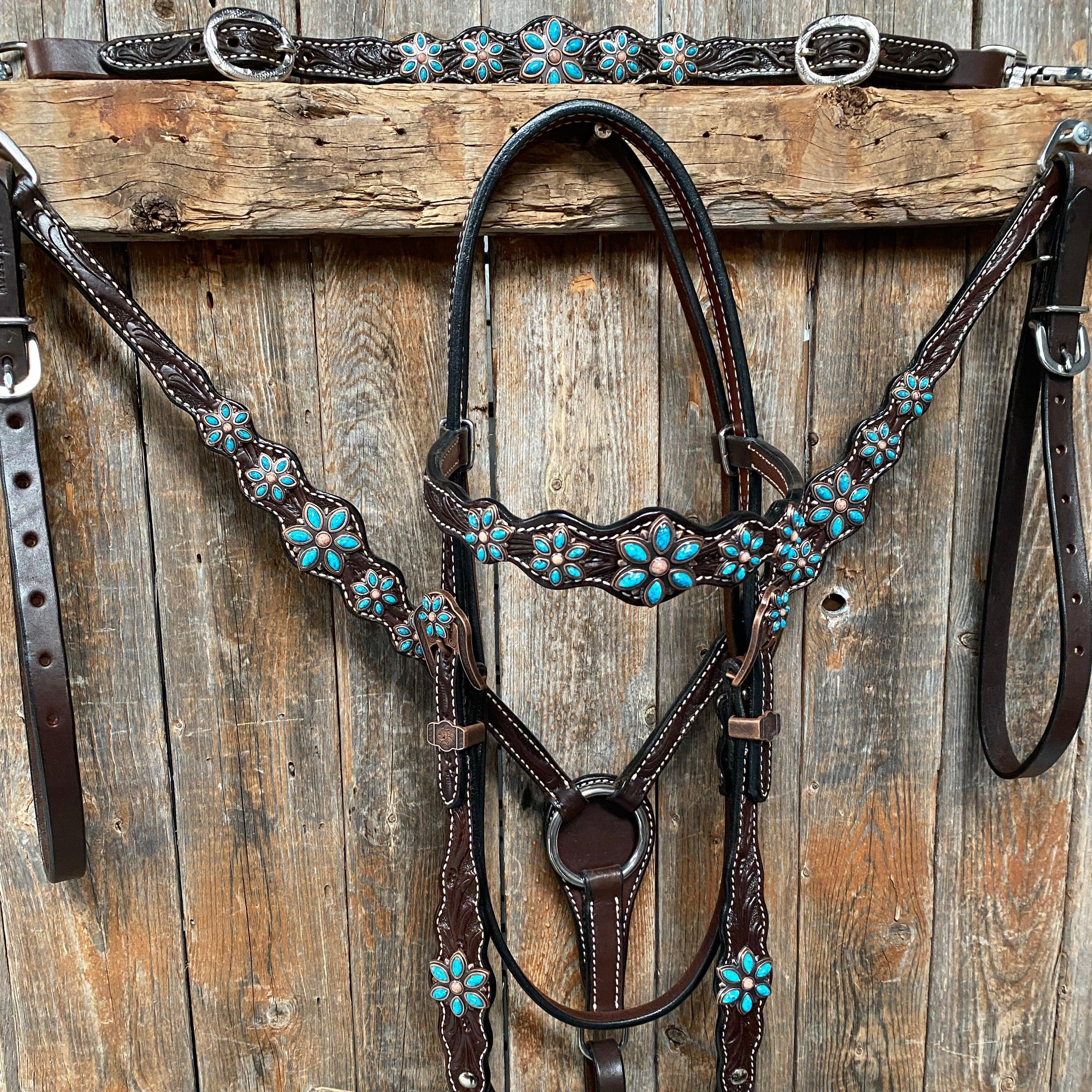 Dark Floral Turquoise Browband/One Ear Tack Set with Wither Strap #BBBC465 - RODEO DRIVE
