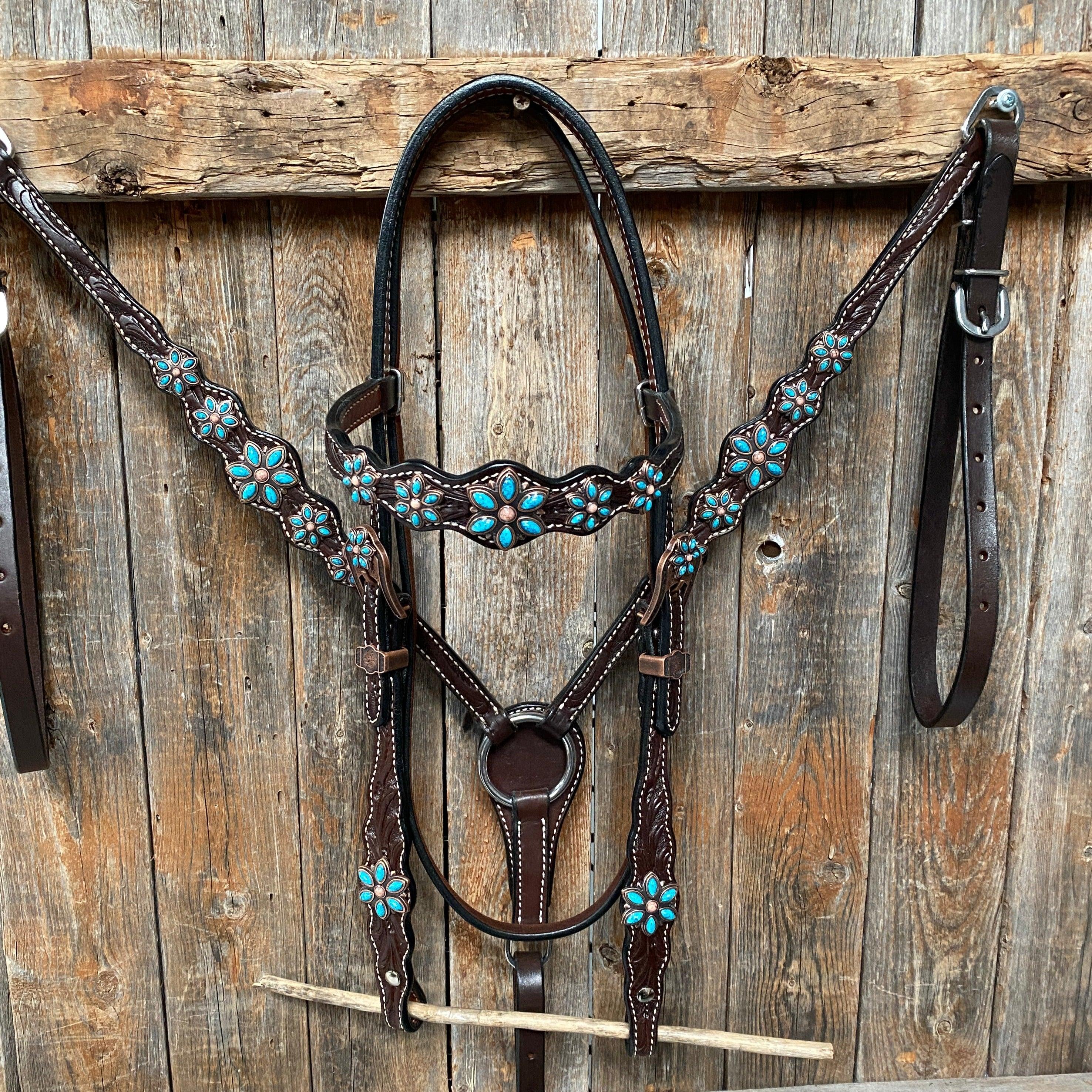 Dark Floral Turquoise Browband/One Ear Tack Set with Wither Strap #BBBC465 - RODEO DRIVE