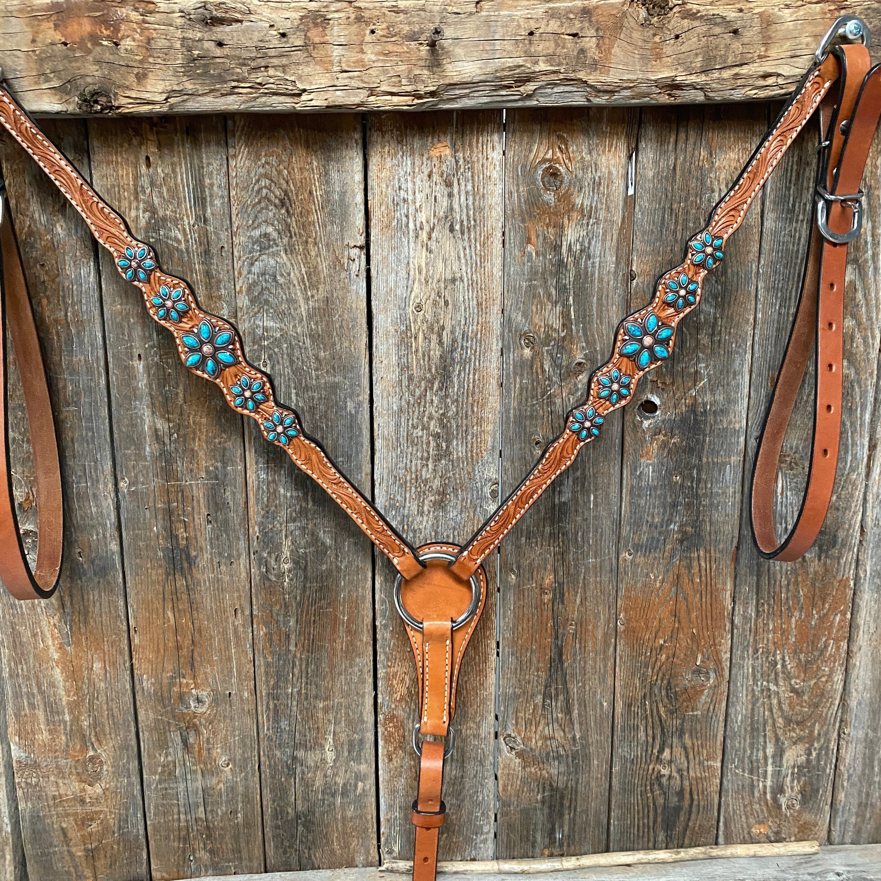 Light Floral Turquoise Browband/One Ear Tack Set with Wither Strap #BBBC469 - RODEO DRIVE