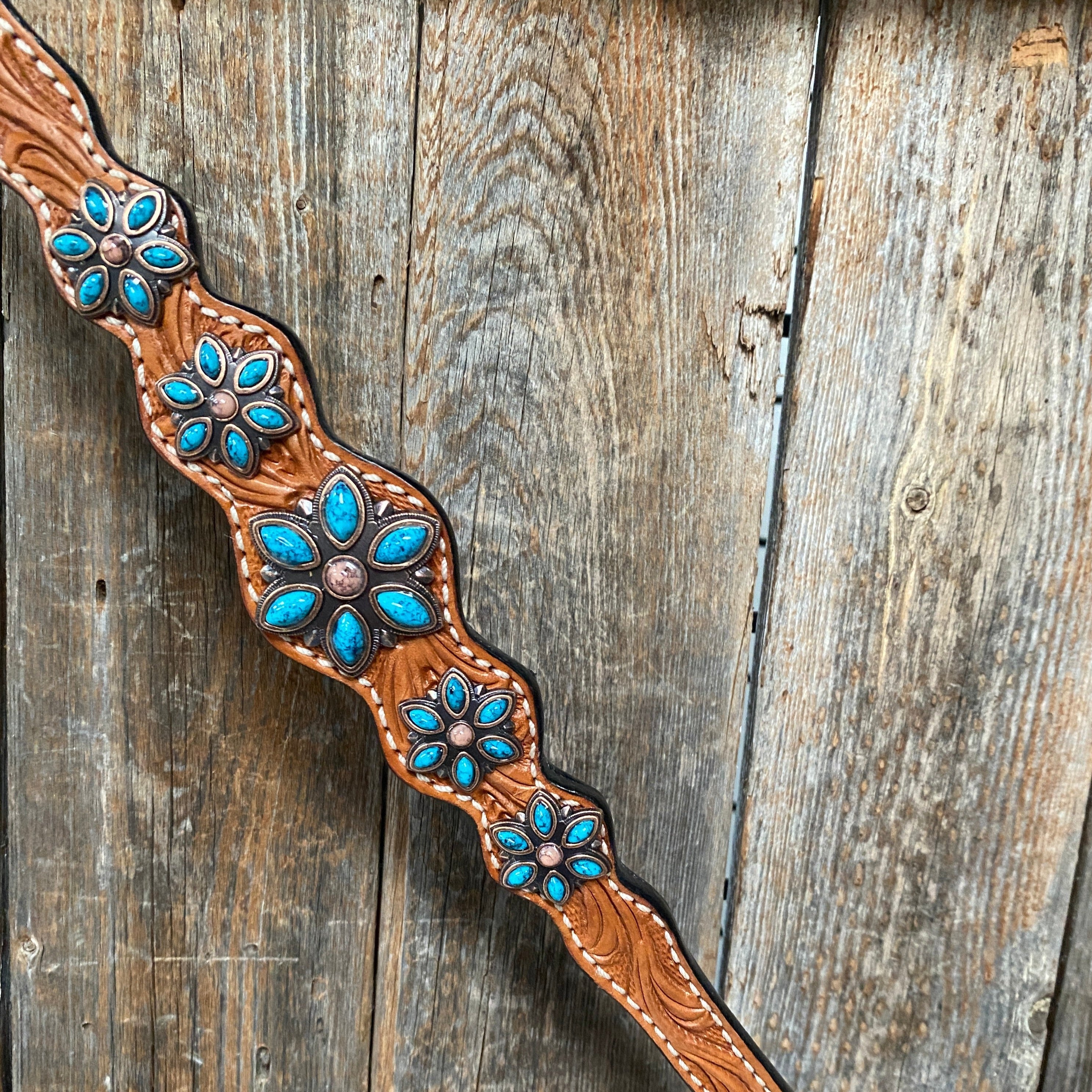 Light Floral Turquoise Browband/One Ear Tack Set with Wither Strap #BBBC469 - RODEO DRIVE