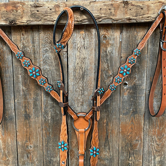 Light Floral Turquoise Browband/One Ear Tack Set with Wither Strap #BBBC469 - RODEO DRIVE
