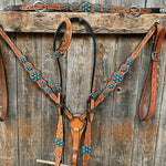 Light Floral Turquoise Browband/One Ear Tack Set with Wither Strap #BBBC469 - RODEO DRIVE