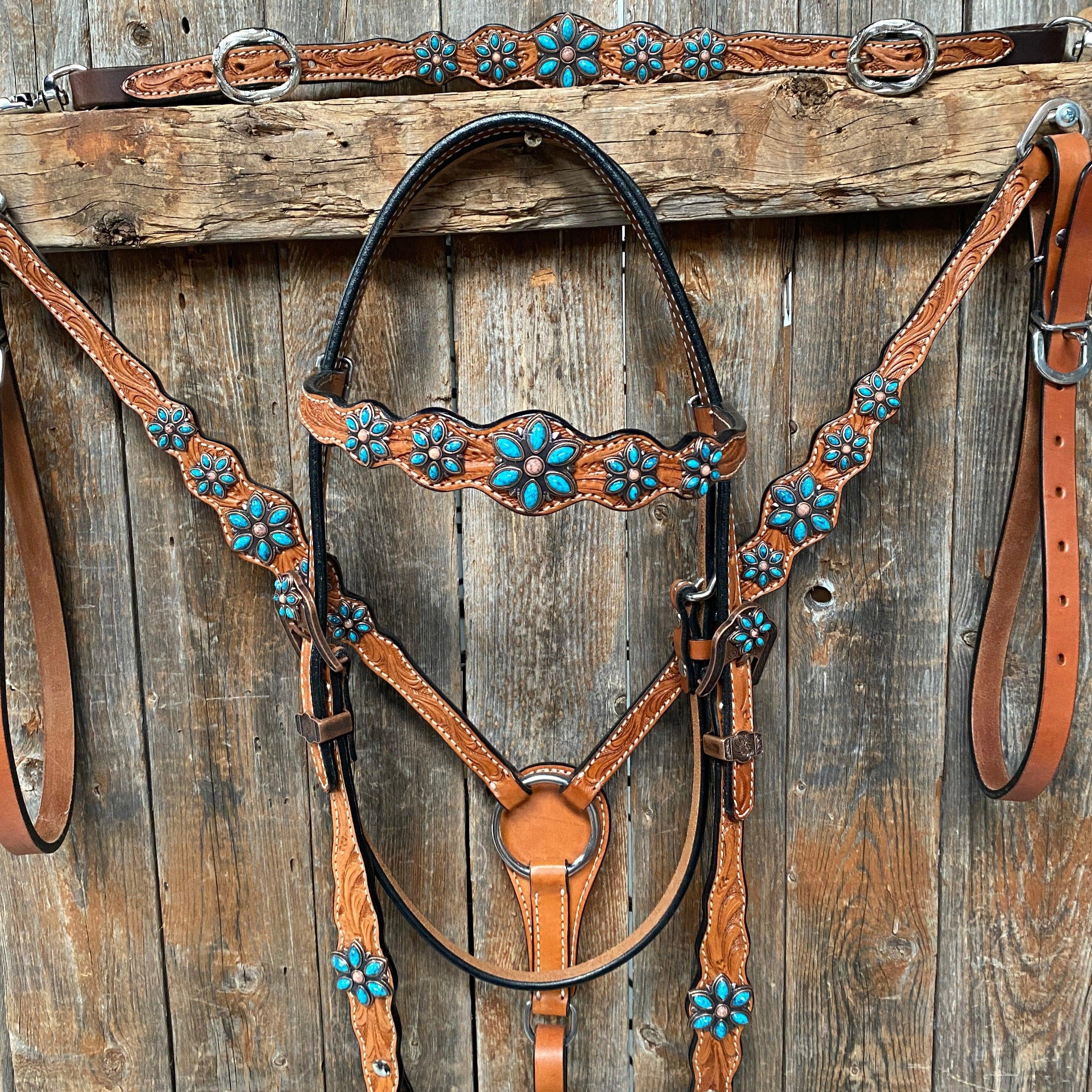 Light Floral Turquoise Browband/One Ear Tack Set with Wither Strap #BBBC469 - RODEO DRIVE