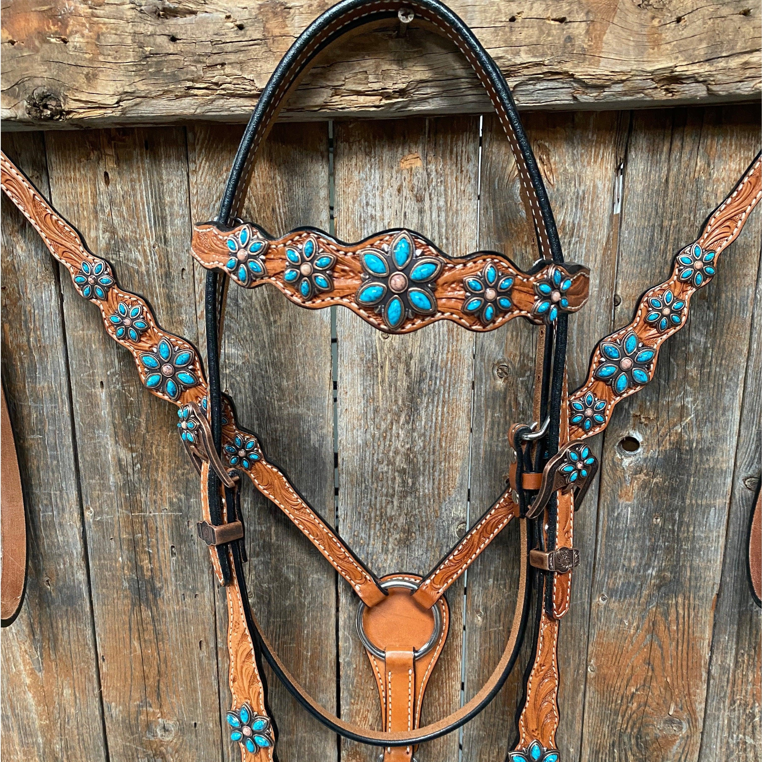 Light Floral Turquoise Browband/One Ear Tack Set with Wither Strap #BBBC469 - RODEO DRIVE